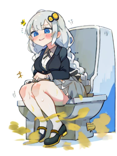 「Kyoto Animation」wind anime illustration、highest quality、（cute：1.1）、（cute：1.5）、（High resolution：1.2）、It&#39;s ridiculously ridiculous：1.3、Very fine illustrations、1 Beautiful Girl、Akari Konusei、1 girl、gray hair、Gray skirt、black high heels、long braids、big breasts、women stink、fart、shyness、blush、Satisfied smile、Gas comes out of the butt、put pressure on your face、lots of gas、Feeling like diarrhea、Sweat、Active、My body trembles、Hip Attack、dynamism、blue eyes、toilet、Sit on the toilet seat、Confined spaces、woman has stomach pain、Do feces、Loud Sound