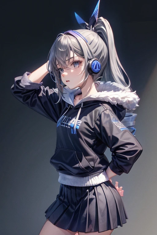 Teenage girl with drill ponytail, wearing black hoodie and medium length skirt, blue eyes, grey background, wearing headphones, nervous