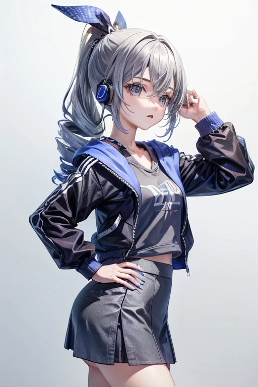 ******* girl with drill ponytail, wearing black hoodie and medium length skirt, blue eyes, grey background, wearing headphones, nervous