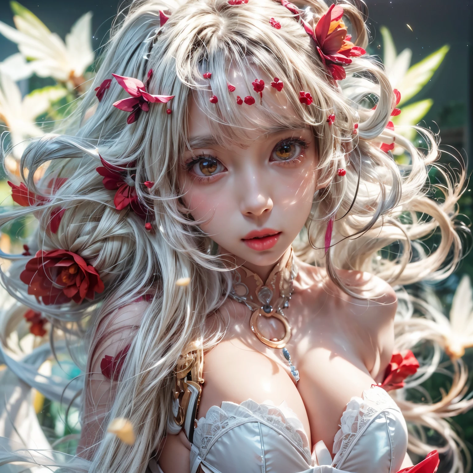((NSFW:-0.9, (nipple:-0.9), Acutance:0.85, White and Red, Mystic sight, (many Dazzling flush lights with lens flares) and lens Ghost, Luminous Particles, many colorful Lights )) . best quality, (masterpiece:1.3, realistic, photorealistic, ((analog photo:1.37)), ultra detailed:1.3) . (Amazing KAWAII Idols Walking on stage), ((Extremely detailed (KAWAII face variations))) with joyful expressions, { oiled ivory skin | Overflowing Biomechanical HUGE and HEAVY boob | pretty hips | (Exquisitely White dress with back cutouts) | Full of flowers covering girl's body | long hair:-0.8 }, (Visible naked backs with Overflowing sideboob), (Red highheels, Walking on stage, large crowd:1.4) . (((Ass focus, butt crack))), Whole Body proportions and all limbs are anatomically accurate .
