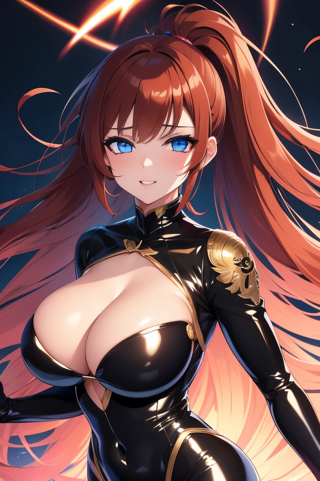 best quality, 32k, RAW photo, incredibly absurdres, extremely detailed, beautiful woman, mechanical blue eyes, glossy ponytail, amorous expression, lewd expression, wearing iridescent red rubber suit with golden embroidery, black leather long coat, cyberpunk, armed, huge breasts, slender, perfect proportion, beautiful glossy brown hair, background ruined dim buildings, scattered dust, rainbow colors neon line light, delicate, flashy and dynamic depiction, professional flare lighting