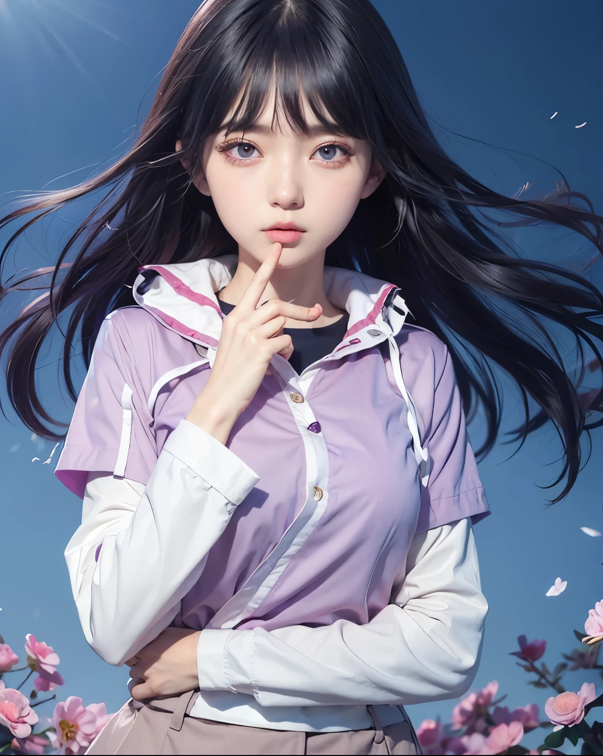 1 girl, Hinata Hyuga, dark blue hair, slightly lavender eye color, long hair, maroon jacket, white long-sleeved collared shirt, dark purple shirt, cream colored skirt, realistic, ultra detail, 70mm lens