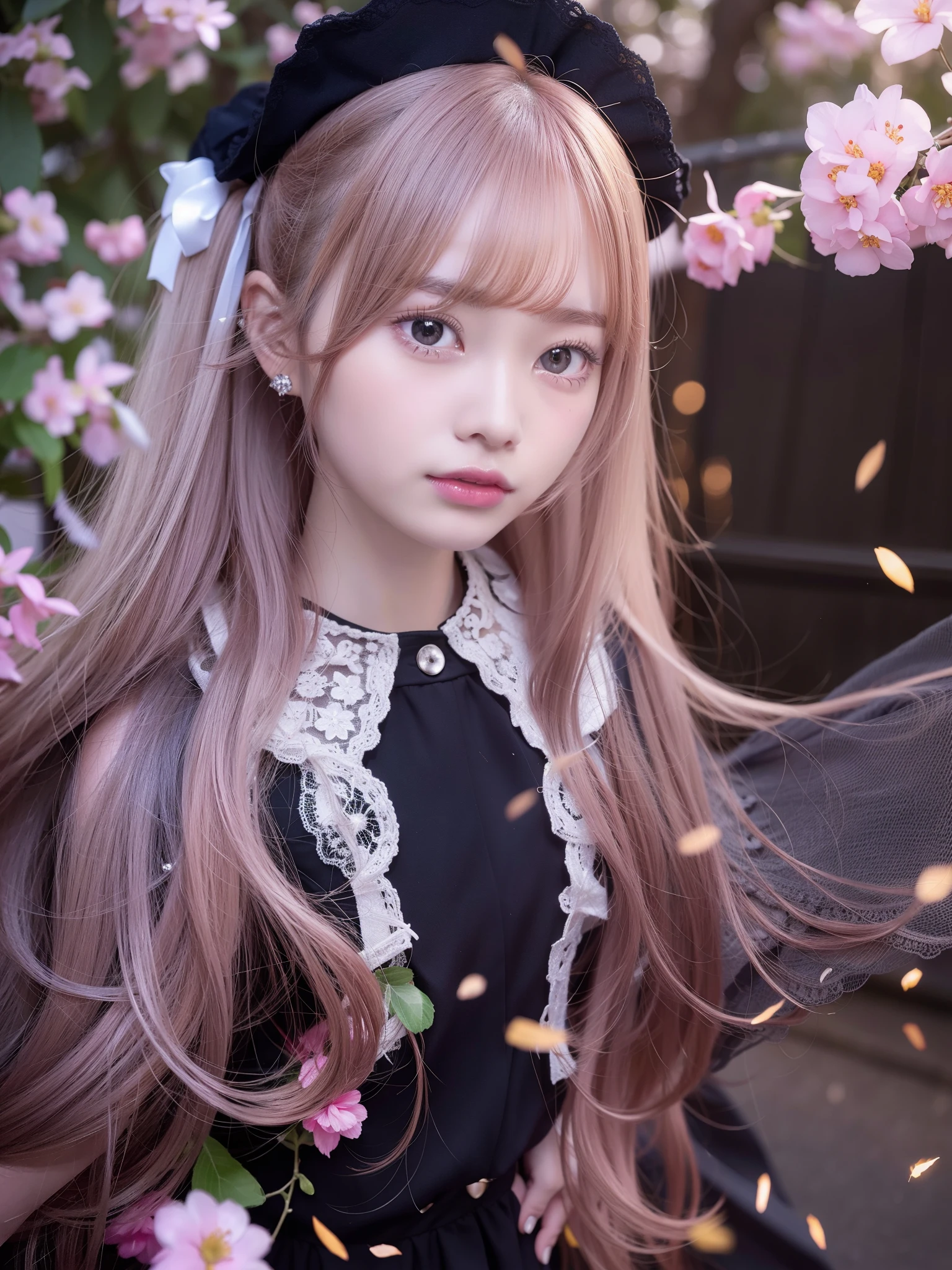 beautiful and detailed girl with beautiful and detailed face with red long hair, a extremely delicate and beautiful girl, anime screenshot, Shock sensation, Beautiful detailed girl, superiorper_body, look_superior_to, arm_後ろto_return, small, girl,woman,woman, a bit,child,10 years old, medium hair, princess cut, wept bangs, floating hair, redhead, beautiful fine hair, Authentic and detailed face, Happy, nice big eyes, Silvery eyes, beautiful hair ornament, choker, beautiful detailed black gothic Empire Waist Dress, black_footwear, Flying red petals, floating, 草が風to揺れる, detailed shadow, Art book, 非常to詳細な8K壁紙, disorganized, High resolution,
