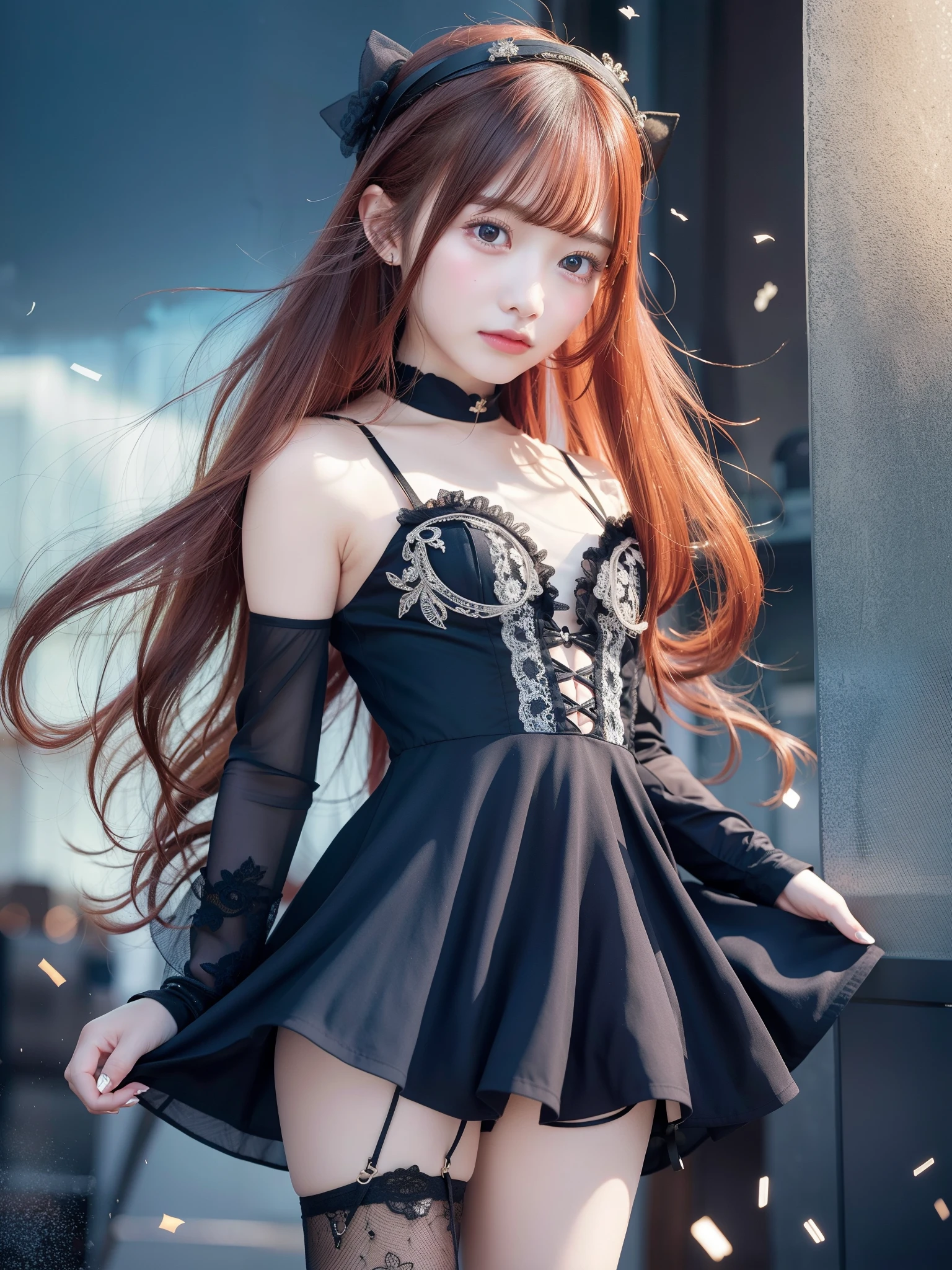 beautiful and detailed girl with beautiful and detailed face with red long hair, a extremely delicate and beautiful girl, anime screenshot, Shock sensation, Beautiful detailed girl, superiorper_body, look_superior_to, arm_後ろto_return, small, girl,woman,woman, a bit,child,, medium hair, princess cut, wept bangs, floating hair, redhead, beautiful fine hair, Authentic and detailed face, Happy, nice big eyes, Silvery eyes, beautiful hair ornament, choker, beautiful detailed black gothic Empire Waist Dress, black_footwear, Flying red petals, floating, 草が風to揺れる, detailed shadow, Art book, 非常to詳細な8K壁紙, disorganized, High resolution,