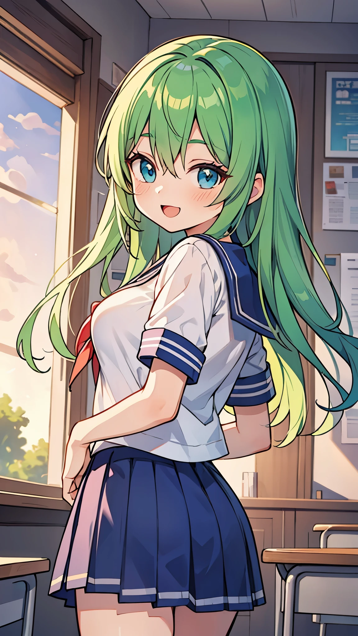 ((Pretty High School girl with green hair and blue eyes)), ((wearing Sailor suit)), Loli face, ((master piece, top-quality, ultra-definition, high resolution)), anime girl, ((ultra-detailed illust:1.2)), only one person, bangs, hair between eye, beautiful hair, Beautiful eyes, Medium breasts, Big smile, opened mouth, in the classroom, at dusk, sunset, back