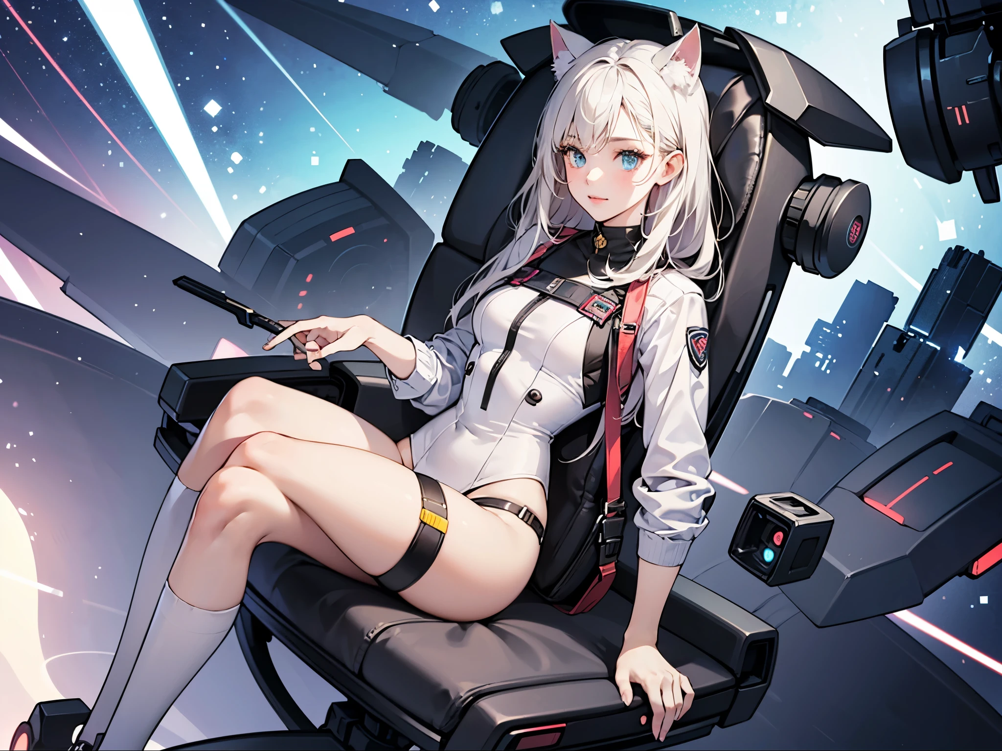 a cute girl,perfect face ,Futuristic style royal tights(Show off your figure) Sci-fi graceful figure,Perfect body proportions, cat ears, detailed facial description, peerless appearance, slim sitting posture
