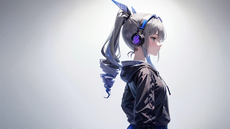 Teenage girl with drill ponytail, wearing black hoodie and medium length skirt, blue eyes, grey background, wearing headphones, nervous