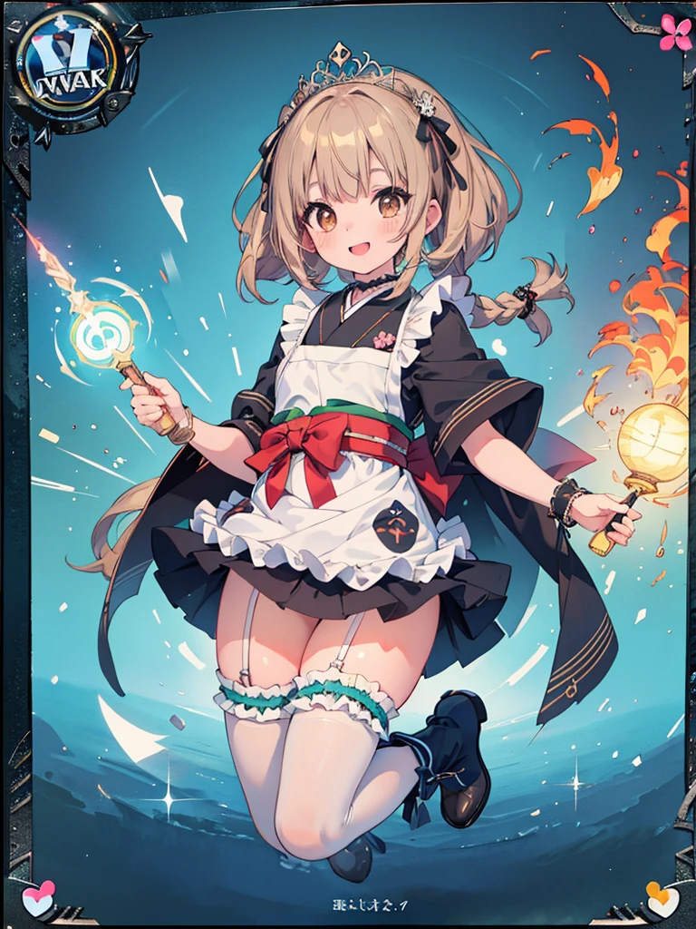 photo realistic, (masterpiece,best quality:1.4),(8k,raw photo,photo realistic:1.2),Not Safe for Work, detailed skin,detailed face,1girl,Japanese princess,cute face, super resolution,retro realistic details　llustration,,{{{elaborate,intricately,fantastic,delicately,tremendous,meticulous,minute,incredibly,obsessed,artisan's,subtle,virtuoso,skillful,vibrant, vivid, complex}}}, clearly focus edge, fresh natural gradation, best quality, amazing quality, very aesthetic, absurdres, pubisure,
(RED frilled japanese clothes), ((RED frilled hakama short skirt)), frilled, (((NO panties))), (((twat))), White frilled legwear, ankle boots, frilled choker, amulet, wrist cuffs, sash, frilled reg garter, cape, (((Holding a cute magic wand))), heart ring, ((long hair)), light brown hair, braid, brown eyes, straight hair, little girl, 14 years old, petite, cute, happy,((White ruffle apron)),diadems, (((jumping with both feet))), shimmering eyes, a smile, red blush, masterpiece, top-quality, not safe for work, Little Girl, child, baby face ,twinkle in the eye, flat chest,
yumekawa,yumekawaii,pastel color,(wonderland:1.3), rainbow, imagination, flame whirlpool, heart background, beam of light, glittering ball of light,(((trading card))),
