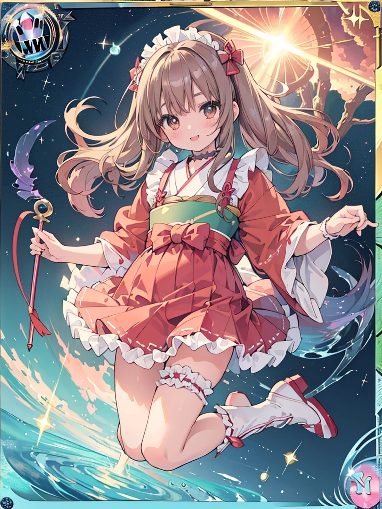 photo realistic, (masterpiece,best quality:1.4),(8k,raw photo,photo realistic:1.2),Not Safe for Work, detailed skin,detailed face,1girl,Japanese princess,cute face, super resolution,retro realistic details llustration,,{{{elaborate,intricately,fantastic,delicately,tremendous,meticulous,minute,incredibly,obsessed,artisan's,subtle,virtuoso,skillful,vibrant, vivid, complex}}}, clearly focus edge, fresh natural gradation, best quality, amazing quality, very aesthetic, absurdres, pubisure,
(RED frilled japanese clothes), ((RED frilled hakama short skirt)), frilled, (((NO panties))), (((twat))), White frilled legwear, ankle boots, frilled choker, amulet, wrist cuffs, sash, frilled reg garter, cape, (((Holding a cute magic wand))), heart ring, ((long hair)), light brown hair, braid, brown eyes, straight hair, , 14 years olute, happy,((White ruffle apron)),diadems, (((jumping with both feet))), shimmering eyes, a smile, red blush, masterpiece, top-quality, not safe for work, Little Girl, child, babnkle in the eye, flat chest,
yumekawa,yumekawaii,pastel color,(wonderland:1.3), rainbow, imagination, flame whirlpool, heart background, beam of light, glittering ball of light,(((trading card))),
