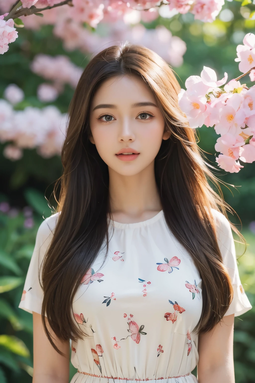 (best quality,4k,8k,highres,masterpiece:1.2),ultra-detailed,realistic,photorealistic:1.37,brunette girl,long hair,casual wear,beautiful detailed eyes,beautiful detailed lips,extremely detailed eyes and face,longeyelashes,soft natural lighting, vibrant colors,artistic representation,medium:illustration,lovely garden scenery,flowers in full bloom,butterflies dancing in the air,gentle breeze swaying the girl's hair,carefree expression,peaceful atmosphere,high attention to facial features,bokeh effect in the background.