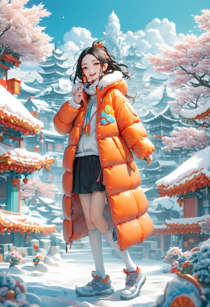 (杰作,最好的质量:1.5),超现实,32k,原始照片,(高细节皮肤:1.2), 8K超高清, 单反相机, 柔和的灯光, 高质量, 胶片颗粒,灯光优美 ,(panoramic:1.5), An imaginative and detailed illustration of a fantasy female friend, depicted as a cute and beautiful girl. Her face is lit up with a happy smile, and she is fashionably dressed in a bright orange puffer jacket. The setting is a magical ice sculpture world, with an icy, snowy landscape filled with snowflakes. The girl is a blend of wisdom, beauty, and diligence, representing a sweet and ideal character. The image is created with creative flair, showcasing the girl enjoying herself in this enchanting, frosty environment, embodying a sense of joy and wonder, (Ultra high saturation, bright and vivid colors: 1.5), (nsfw), (Facing the viewer: 1.5),调色板, 油畫刷, 油漆飞溅,, 日本动画片