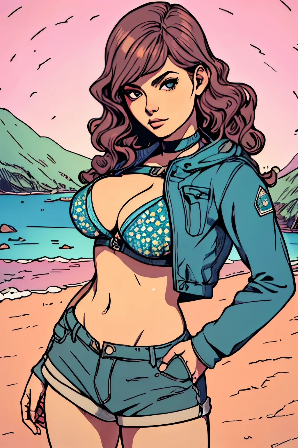 (masterpiece, best quality), young woman, perfect slim fit body, (huge breasts), big gorgeous eyes, soft smile, parted lips, detailed printed micro bikini top, fleece jacket, short shorts, pastel colors, detailed choker, wavy hair, santorini beach, late evening, excellent lighting, bright colors, clean lines, photorealistic