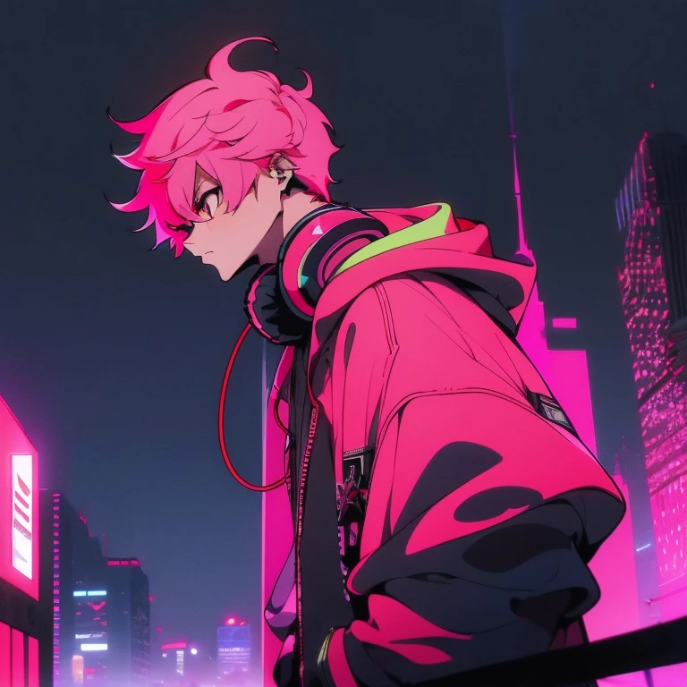 (shortcut), (two block hair), (bright pink hair), (male character), (red eyes), (cool pose), (top quality), (masterpiece), (Super detailed), (oversized hoodie), (Street style), (neon), (modern city), (neonデイライト), (cinematic), (stylish), (High resolution), (hyper-detailed), (soft town), (Nightcore), (a handsome guy), (Man wearing headphones and listening to music), (natural appearance of the building), (casual), (IG studio anime style), (standing pose), (Shooting from a low angle), (looking at the camera), (looking up)