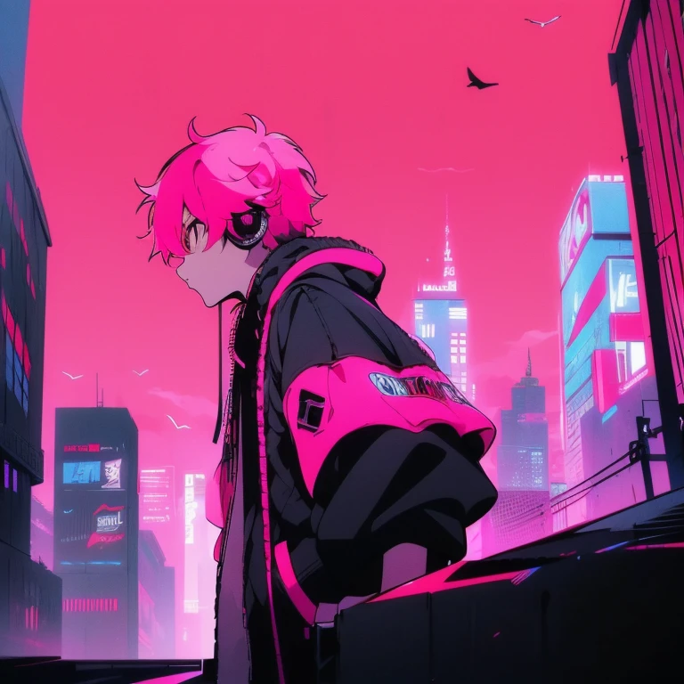 (shortcut), (two block hair), (bright pink hair), (male character), (red eyes), (cool pose), (top quality), (masterpiece), (Super detailed), (oversized hoodie), (Street style), (neon), (modern city), (neonデイライト), (cinematic), (stylish), (High resolution), (hyper-detailed), (soft town), (Nightcore), (a handsome guy), (Man wearing headphones and listening to music), (natural appearance of the building), (casual), (IG studio anime style), (standing pose), (Shooting from a low angle), (looking at the camera), (looking up)