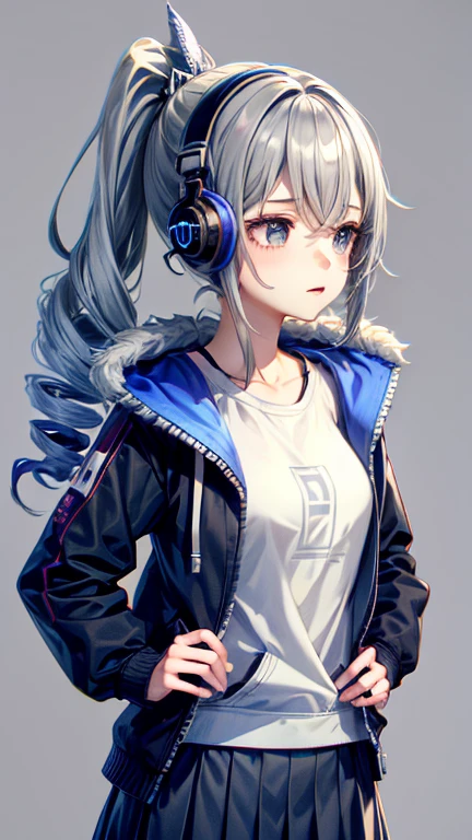 Teenage girl with drill ponytail, wearing black hoodie and medium length skirt, blue eyes, grey background, wearing headphones, nervous