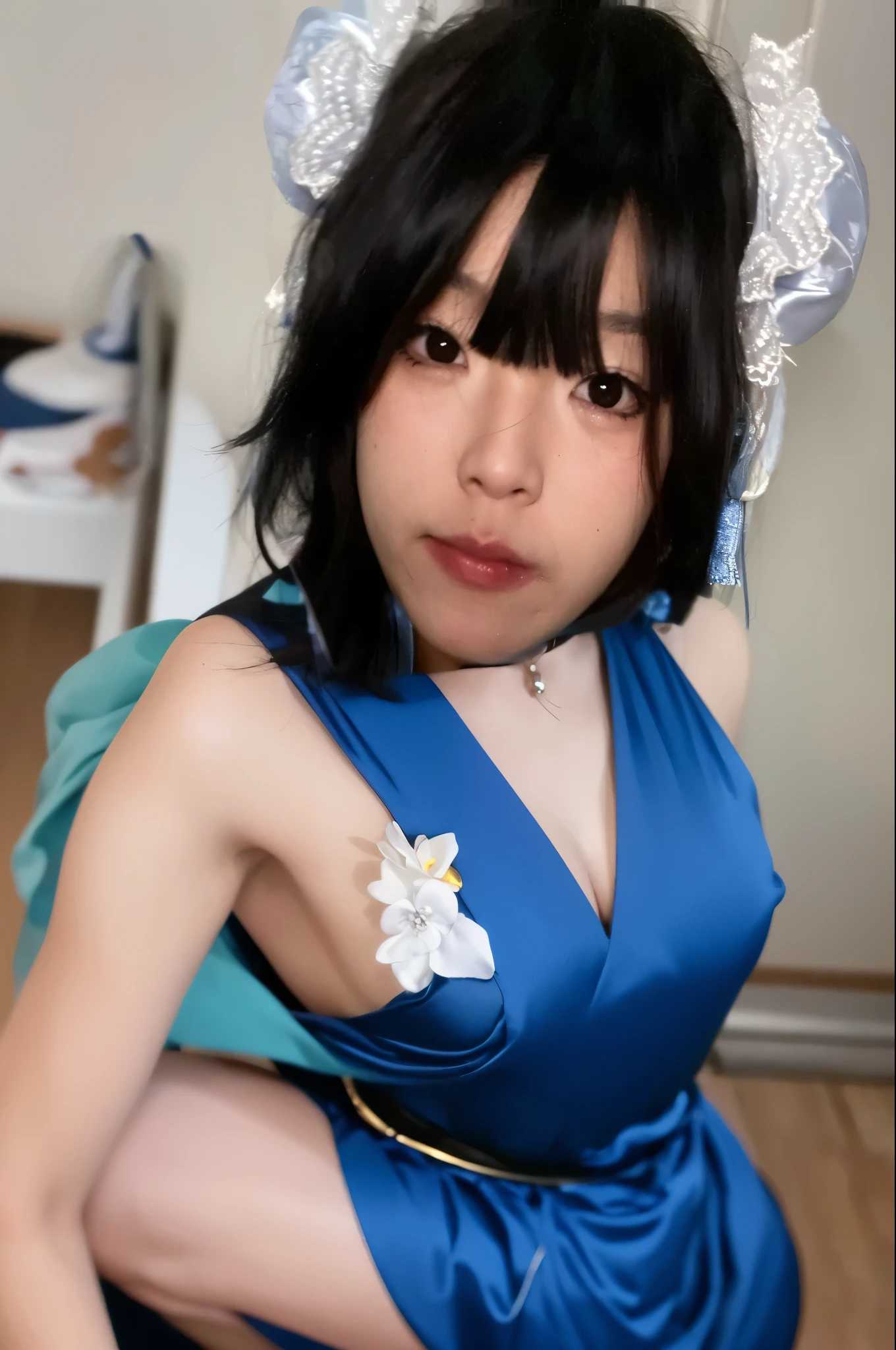 there is a woman with a blue dress posing for a picture, Shikami, Inspired by Leng Mei, Chiho, anime girl role play, role play, anime role play, Change, Yoshitomo Nara, Belle Defin, beast, anime girl squatting, Mayuri Shiina