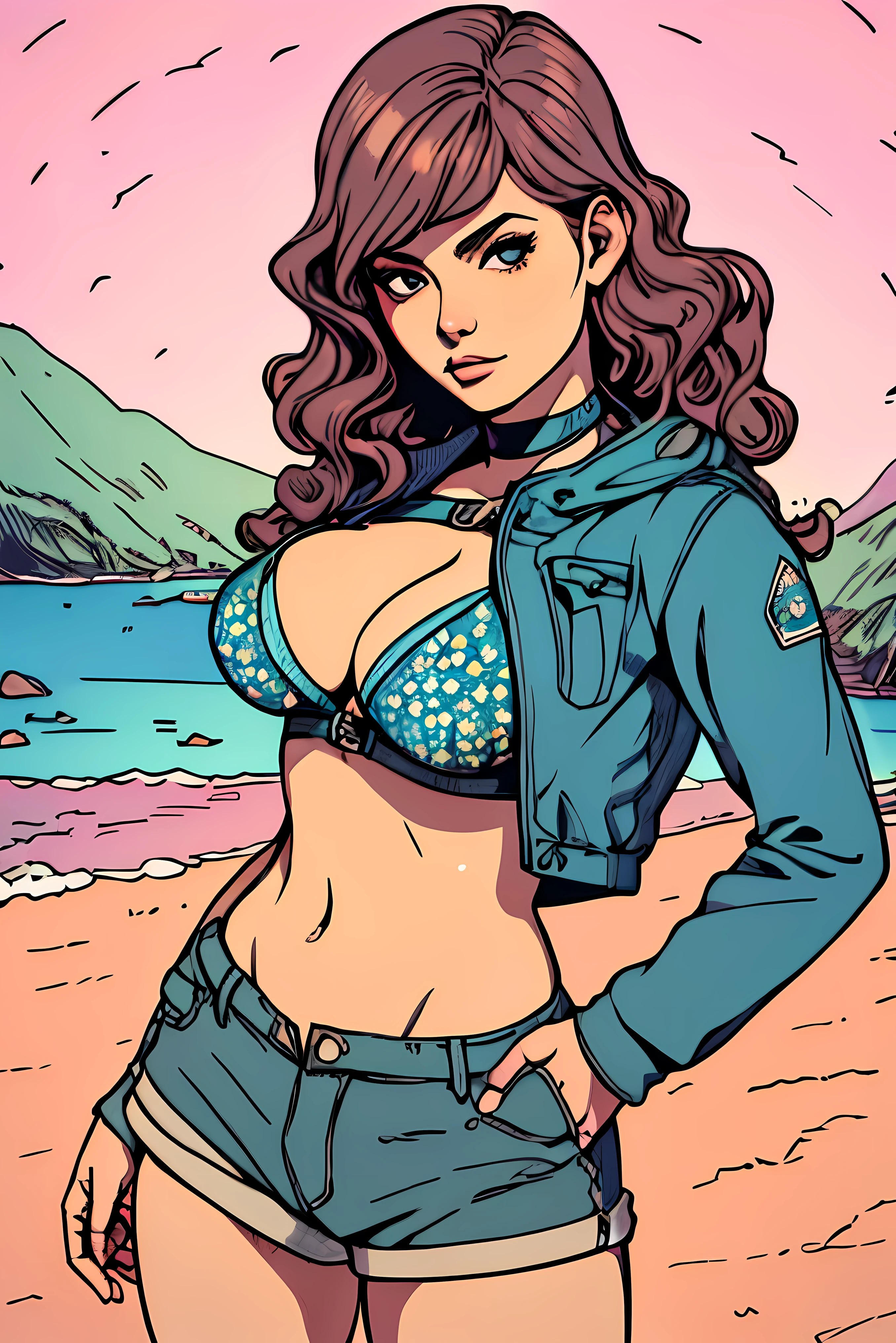 (masterpiece, best quality), young woman, perfect slim fit body, (huge breasts), big gorgeous eyes, soft smile, parted lips, detailed printed micro bikini top, fleece jacket, short shorts, pastel colors, detailed choker, wavy hair, santorini beach, late evening, excellent lighting, bright colors, clean lines, photorealistic