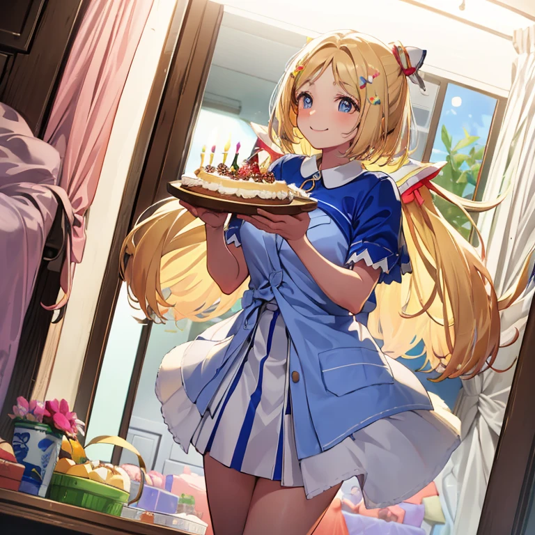 Pekora Usuda, Feminine room environment, low pervert smile, Sunset Ambient, Holding a birthday cake, stand, Low angle dynamic view, birthday, party