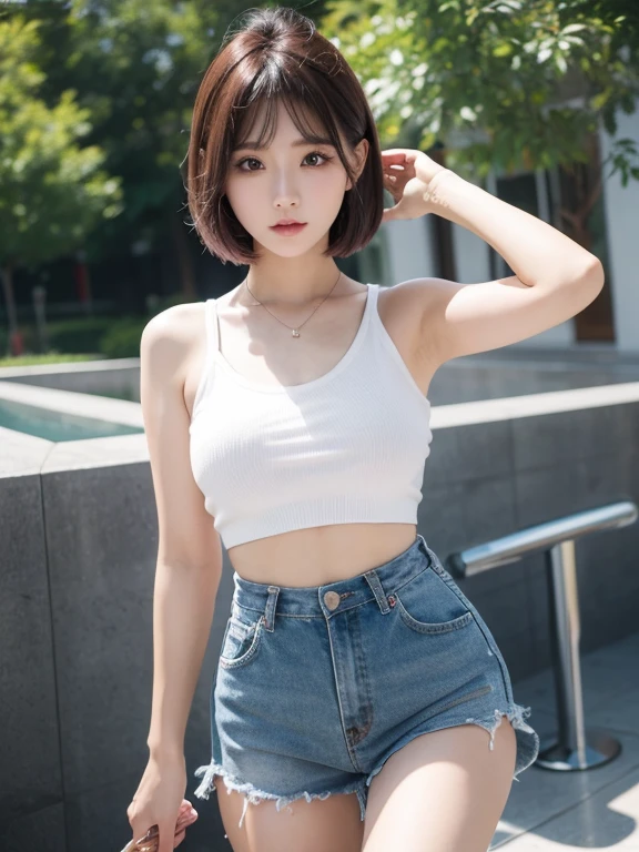 Hermosa chica con dos coletas, top de tiras, falda corta, asian girl, sexi girl, cuerpo completo, ulzzang