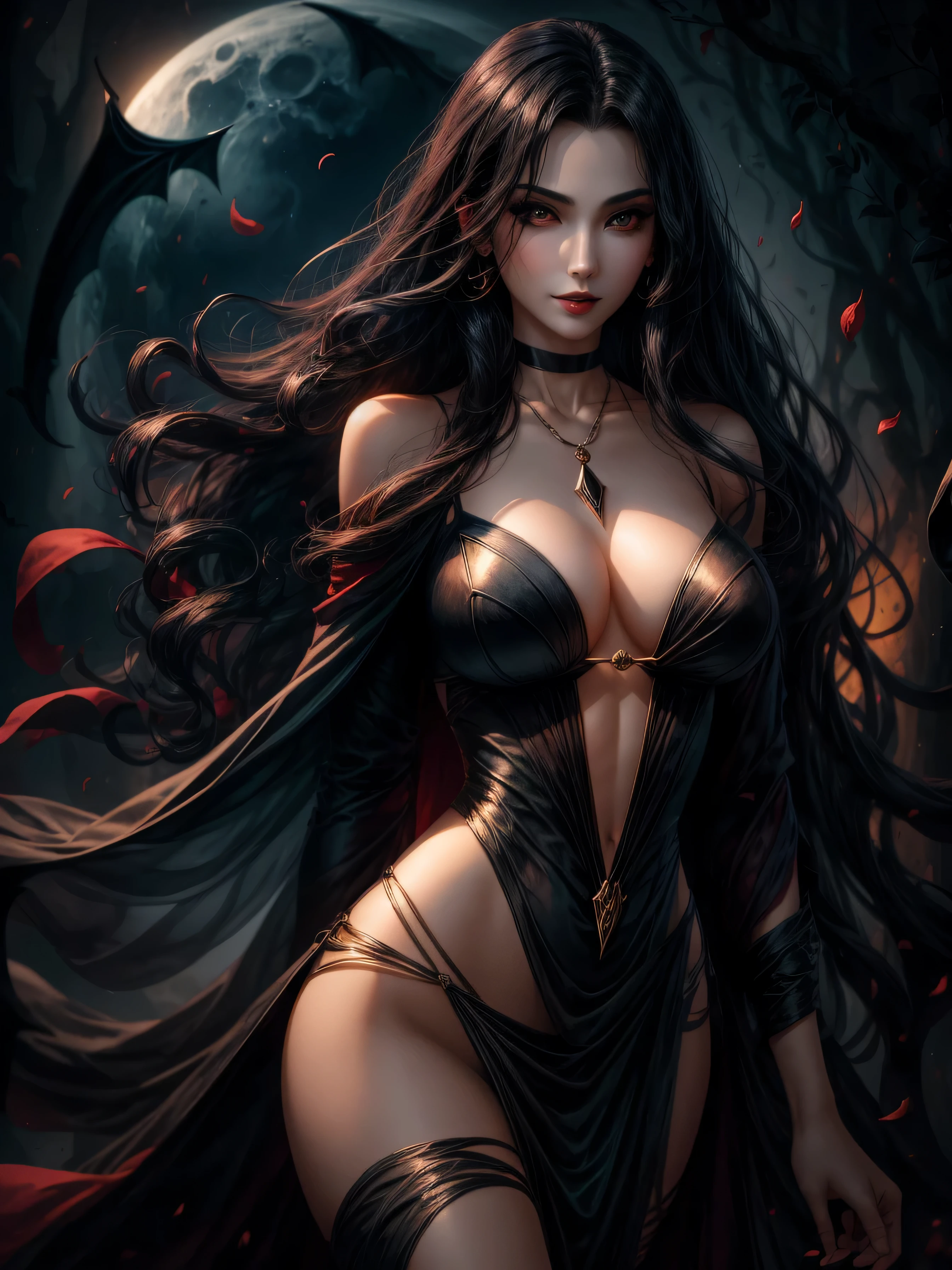 Gliding silently through the darkness of the night, a vampire of stunning beauty walks elegantly. Her slender, graceful body is wrapped in a long black dress, which flows in the wind as she moves. Her midnight-black hair falls in perfect waves over her pale, delicate shoulders. His eyes, intense and mesmerizing, glow with a deep shade of red, revealing his vampiric nature. She possesses fine, perfectly sculpted features, with seductive red lips and a mysterious smile. Around her neck, she wears a necklace adorned with a bat-shaped pendant, a symbol of her ancestral lineage. The Beautiful Full-Body Rogue is a being of power and seduction, capable of attracting anyone with her charm and beauty, but also holds dark secrets and a voracious appetite for blood." change scene to scene on venus moon