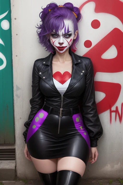a female clown who has features of the Joker with unique makeup, purple hair, a scar on his face, a wider smile, looks scarier and has a red nose, tattooed, full body view. Skinny petite. In front of a wall with graffiti