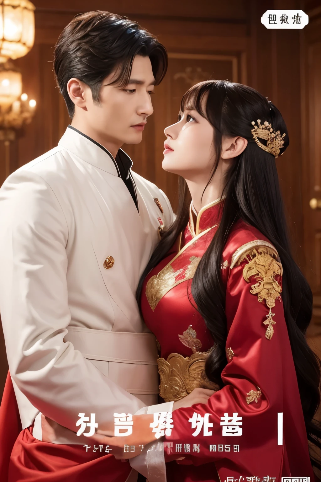 Publish a cover picture of a Chinese costume TV series,Picture requirements:The male star is Hu Ge,男明星very lascivious帅,He plays the emperor,The emperor is in the harem,The scene where the emperor is teasing the maid, very lascivious