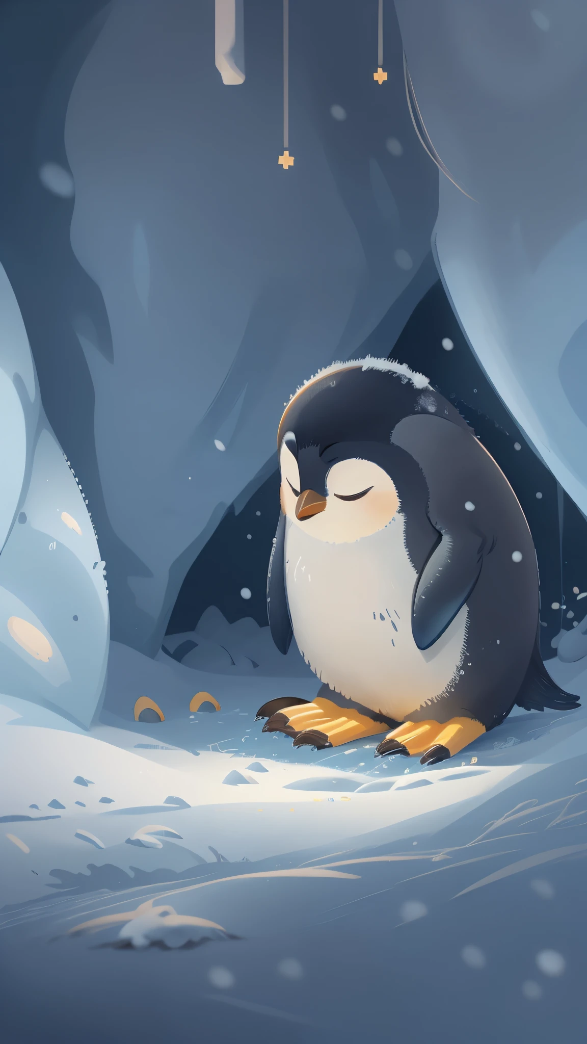 it's late at night，Cute emperor penguin closes eyes，Illustration of sleeping in a warm snow cave, Pixar style, best quality, stills, very cute，at night，Night's，very cute的, sleeping emperor penguin，high detail，Super details，high quality, masterpiece, precise,