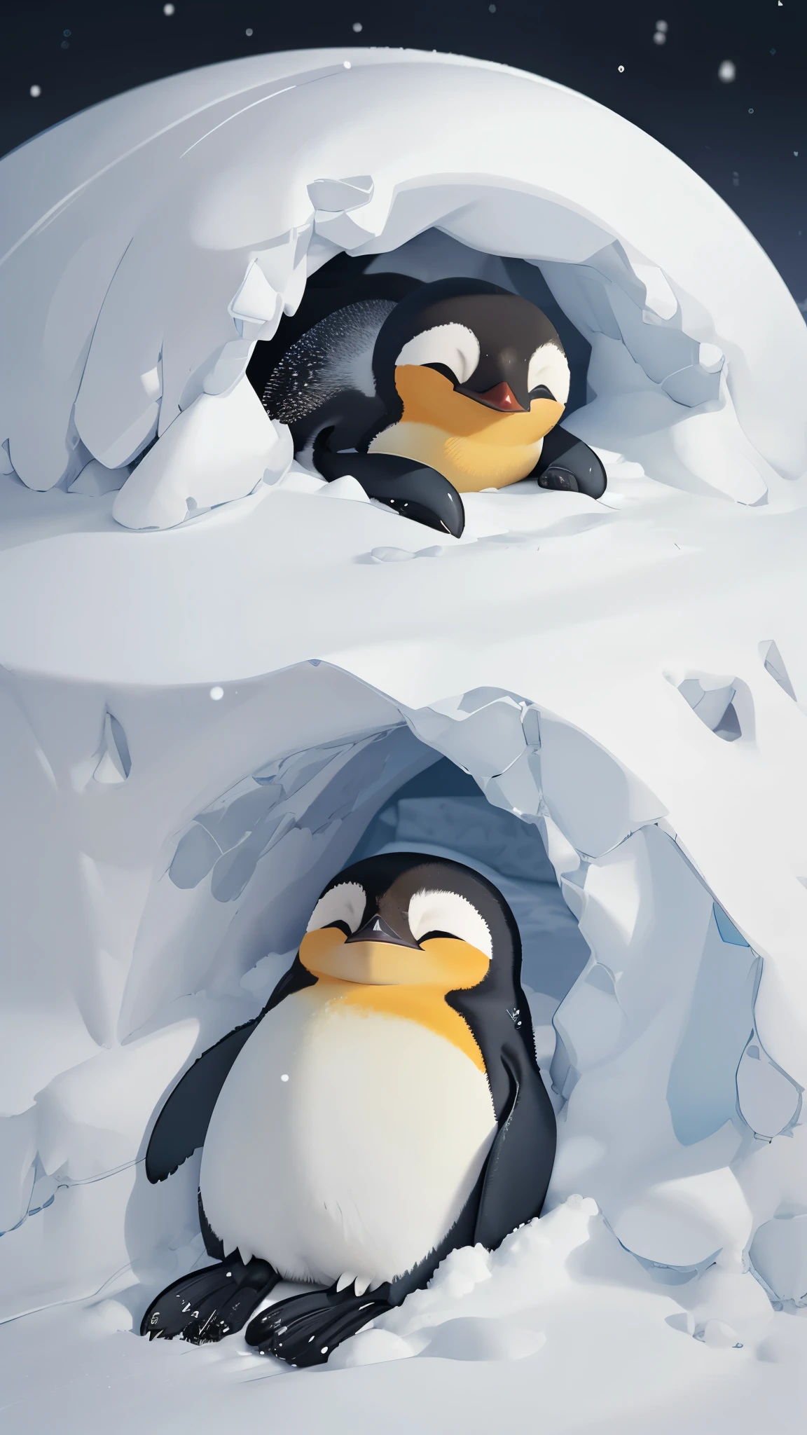 it's late at night,Cute emperor penguin closes eyes,Illustration of sleeping in a warm snow cave, Pixar style, best quality, stills, very cute,at night,Night's,very cute的, sleeping emperor penguin,high detail,Super details,high quality, masterpiece, precise,