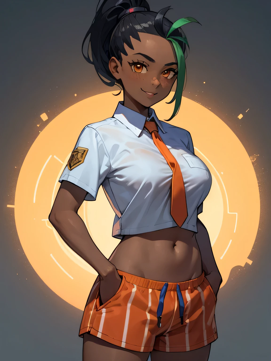 masterpiece, best quality, nemona, 1girl, dark skinned female, tan skin, orange necktie, , busty, orange shorts, midriff, looking at viewer, white button down shirt, short sleeves, smile,hands in pockets