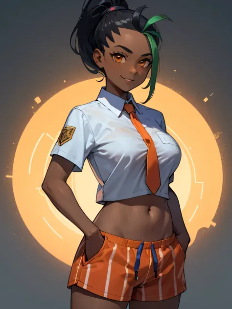 masterpiece, best quality, nemona, 1girl, dark skinned female, tan skin, orange necktie, , busty, orange shorts, midriff, lookin...