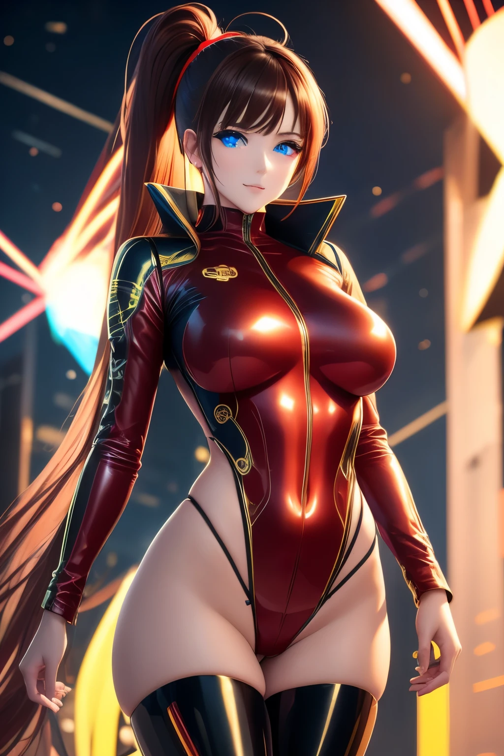 best quality, 32k, RAW photo, incredibly absurdres, extremely detailed, beautiful woman, mechanical blue eyes, glossy ponytail, amorous expression, lewd expression, wearing iridescent red rubber suit with golden embroidery, black leather long coat, cyberpunk, armed, huge breasts, slender, perfect proportion, beautiful glossy brown hair, background ruined dim buildings, scattered dust, rainbow colors neon line light, delicate, flashy and dynamic depiction, professional flare lighting