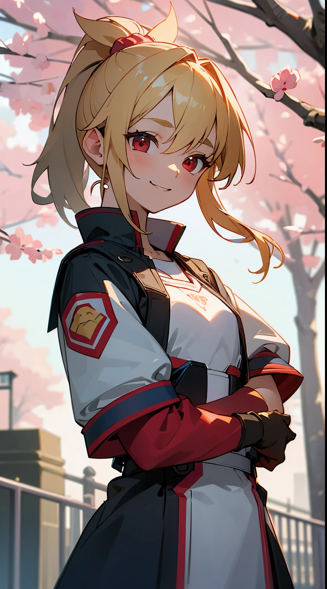 (highest quality、Super detailed、reality)、Energetic girl、high school girl、small breasts、riders jacket、blonde、red eyes、ponytail、From the side、gloves、bright smile、stand in front of a street tree、、turn your arms behind your back:1.2、Upper body close-up、Sakura Park、sharp outline、tomboy、boyish、highest quality、masterpiece