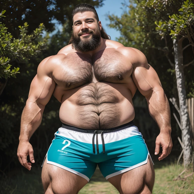 An oil painting of a full-length portrait of a charismatic Caucasian macho man, ciclista, pesado, de mediana edad, en el campo (calvo y fuerte), Muscular, (culturista peludo con una gran barriga), maillot, shorts extremadamente ajustados, huge groin area, La escena se desarrolla en un entorno realista, Capturing the man&#39;s happy expression, Los colores brillantes dominan la paleta, creando tonos luminosos e intrincados. Art Station style adds depth and detail to the scene., with intricately drawn lines and animated elements –t2. (Mejor calidad:1.0), (ultra high resolution:1.0), Hyper realistic