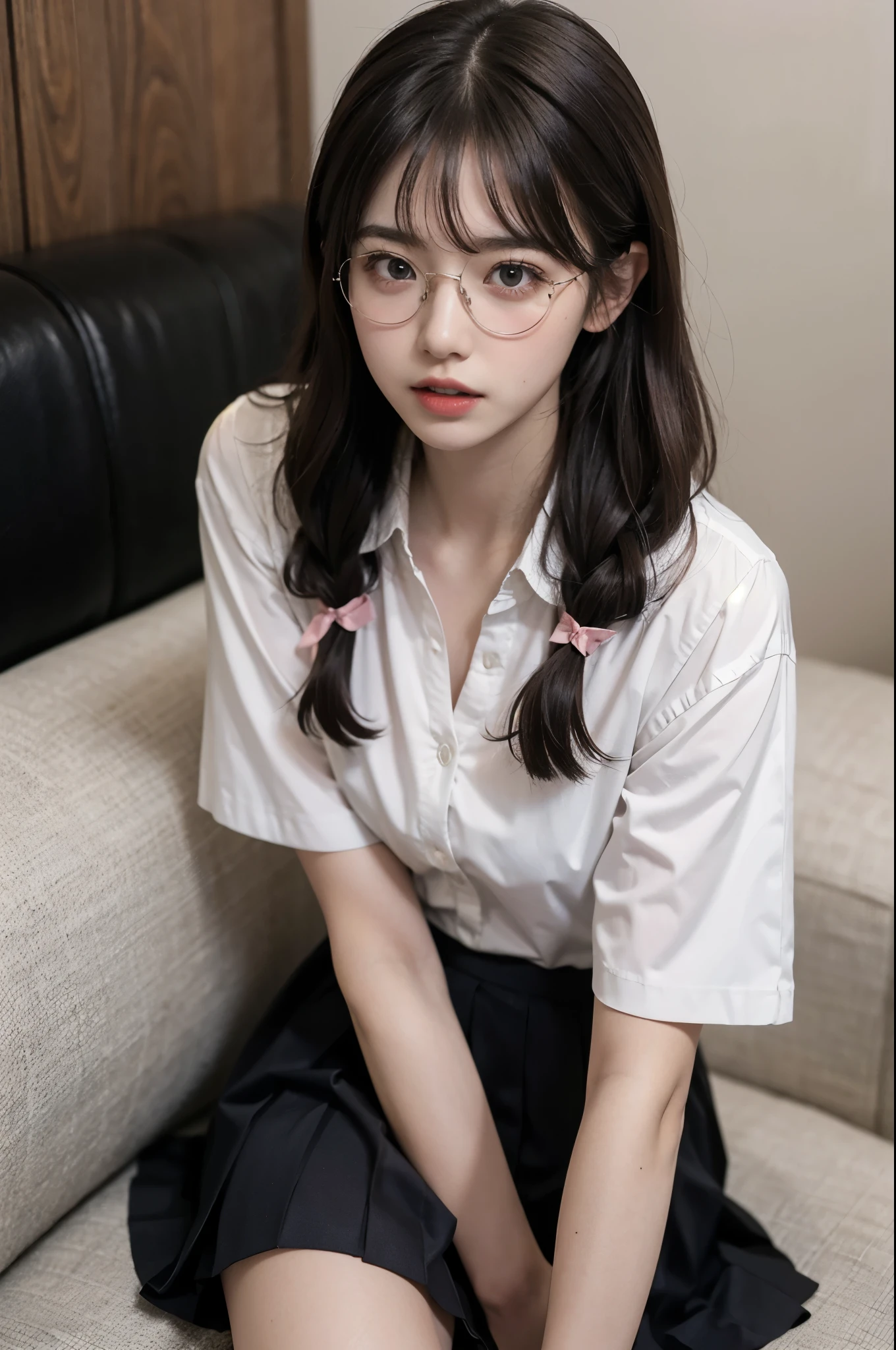 Top quality, one beautiful woman, 20 years old, 35mm lens, f/1, dark brown eyes, glasses, braids, black hair, pale skin, medium chest, slendar body , BREAK 1girl, bangs, blush, breasts, collarbone, collared shirt, couch, day, eyebrows visible through hair, hair between eyes, long hair, looking at viewer, open mouth, panties, pink hair, pink panties, pleated skirt, ribbon, school uniform, shirt, short sleeves, sidelocks, sitting, skirt, solo, thighs, twintails, underwear, white shirt , 