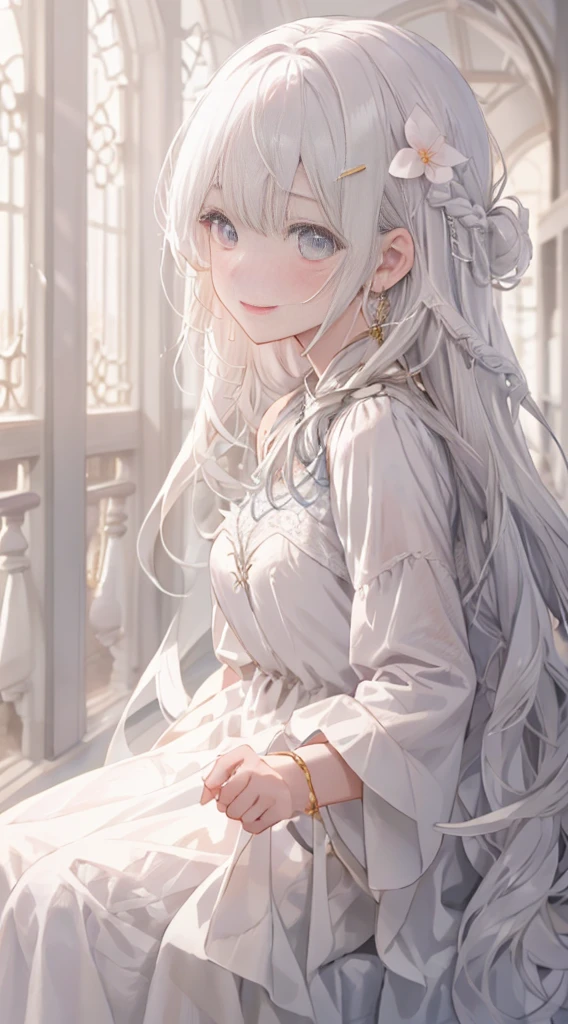 masterpiece, highest quality, (perfect face:1.1), (high detail:1.1), (very detailed目), dramatic, Ultra-fine illustration, very detailed, 1 girl, (White shiny skin), long white hair, braid from the bottom、flower shaped earrings、Warm eyes、welcome、gentle gaze, blush,smile, Happy, plump lips,cinematic lighting, looking for audience,gentle gaze、From the side、Wearing a beautiful dress、Princess、gem、Bring your arms forward、look into the fresh air、Outside the castle