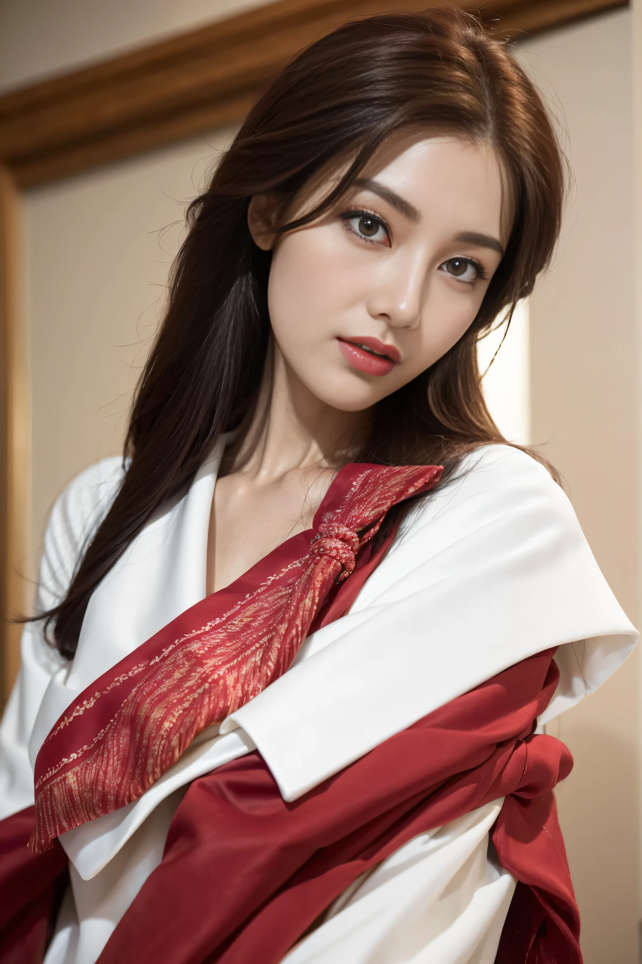 nice images, clear focus, perfect brown eyes, bright red lips, Long hair with a shawl, Home, Look head-on, full pose, wonderful faces.., look beautiful.., Elegant white casual wear, extra focus, Radiant face, Detailed face, 8K resolution,