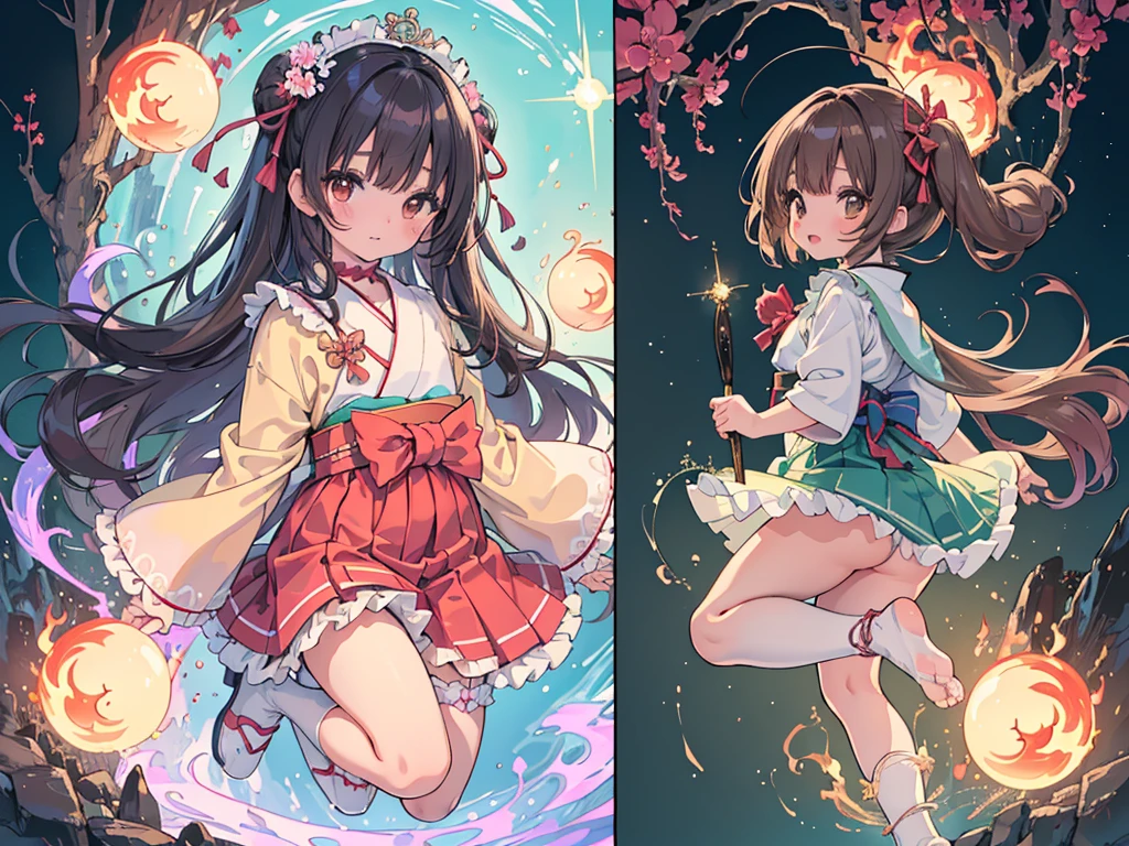 photo realistic, (masterpiece,best quality:1.4),(8k,raw photo,photo realistic:1.2),Not Safe for Work, detailed skin,detailed face,1girl,Japanese princess,cute face, super resolution,retro realistic details llustration,,{{{elaborate,intricately,fantastic,delicately,tremendous,meticulous,minute,incredibly,obsessed,artisan's,subtle,virtuoso,skillful,vibrant, vivid, complex}}}, clearly focus edge, fresh natural gradation, best quality, amazing quality, very aesthetic, absurdres, pubisure,
(RED frilled japanese clothes), ((RED frilled hakama short skirt)), frilled, (((No panties))), (((twat))), White frilled legwear, ankle boots, frilled choker, amulet, wrist cuffs, sash, frilled reg garter, cape, (((Holding a cute magic wand))), heart ring, ((long hair)), light brown hair, braid, brown eyes, straight hair, little girl, 14 years old, petite, cute, happy, diadems, (((jumping with both feet))), shimmering eyes, a smile, red blush, masterpiece, top-quality, not safe for work, Little Girl, child, baby face ,twinkle in the eye, flat chest,
(Design sheet:1.3), (multi-angle and detailed view:1.3),