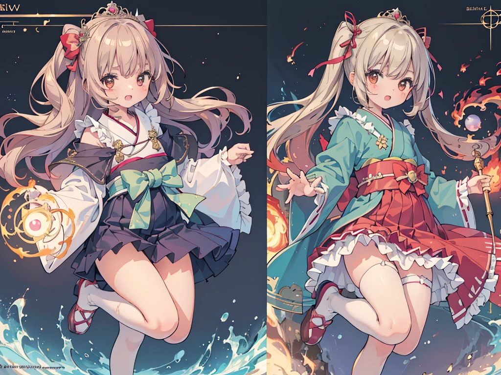 photo realistic, (masterpiece,best quality:1.4),(8k,raw photo,photo realistic:1.2),Not Safe for Work, detailed skin,detailed face,1girl,Japanese princess,cute face, super resolution,retro realistic details llustration,,{{{elaborate,intricately,fantastic,delicately,tremendous,meticulous,minute,incredibly,obsessed,artisan's,subtle,virtuoso,skillful,vibrant, vivid, complex}}}, clearly focus edge, fresh natural gradation, best quality, amazing quality, very aesthetic, absurdres, pubisure,
(RED frilled japanese clothes), ((RED frilled hakama short skirt)), frilled, (((Pink panties))), White frilled legwear, ankle boots, frilled choker, amulet, wrist cuffs, sash, frilled reg garter, cape, (((Holding a cute magic wand))), heart ring, ((long hair)), light brown hair, braid, brown eyes, straight hair, little girl, 14 years old, petite, cute, happy, diadems, (((jumping with both feet))), shimmering eyes, a smile, red blush, masterpiece, top-quality, not safe for work, Little Girl, child, baby face ,twinkle in the eye, flat chest,
yumekawa,yumekawaii,pastel color,(wonderland:1.3), rainbow, imagination, (((flame whirlpool))), heart background, beam of light, glittering ball of light,((Design sheet:1.3), (multi-angle and detailed view:1.3),