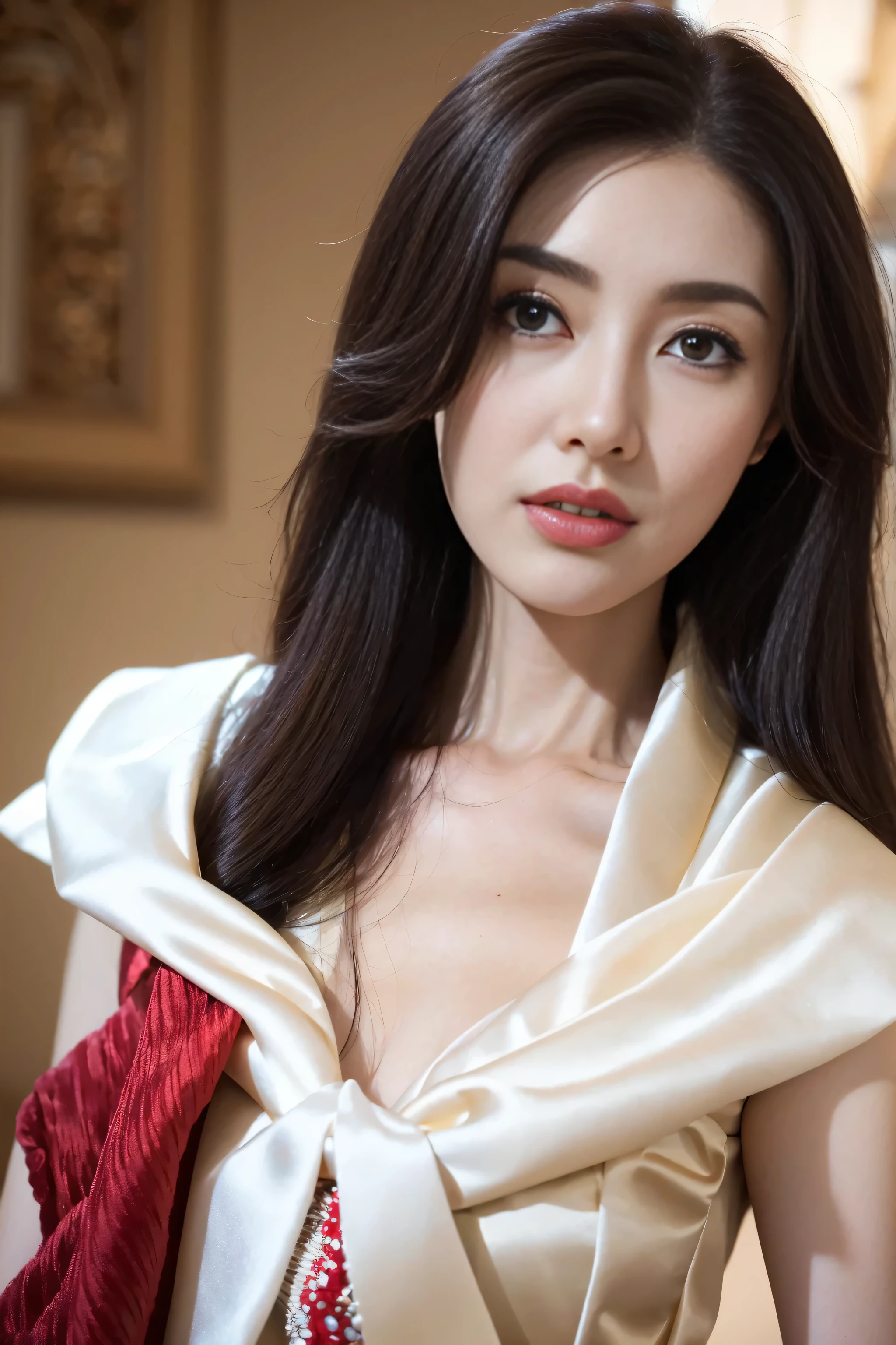 nice images, clear focus, perfect brown eyes, bright red lips, Long hair with a shawl, Home, Look head-on, full pose, wonderful faces.., look beautiful.., Elegant white casual wear, extra focus, Radiant face, Detailed face, 8K resolution,