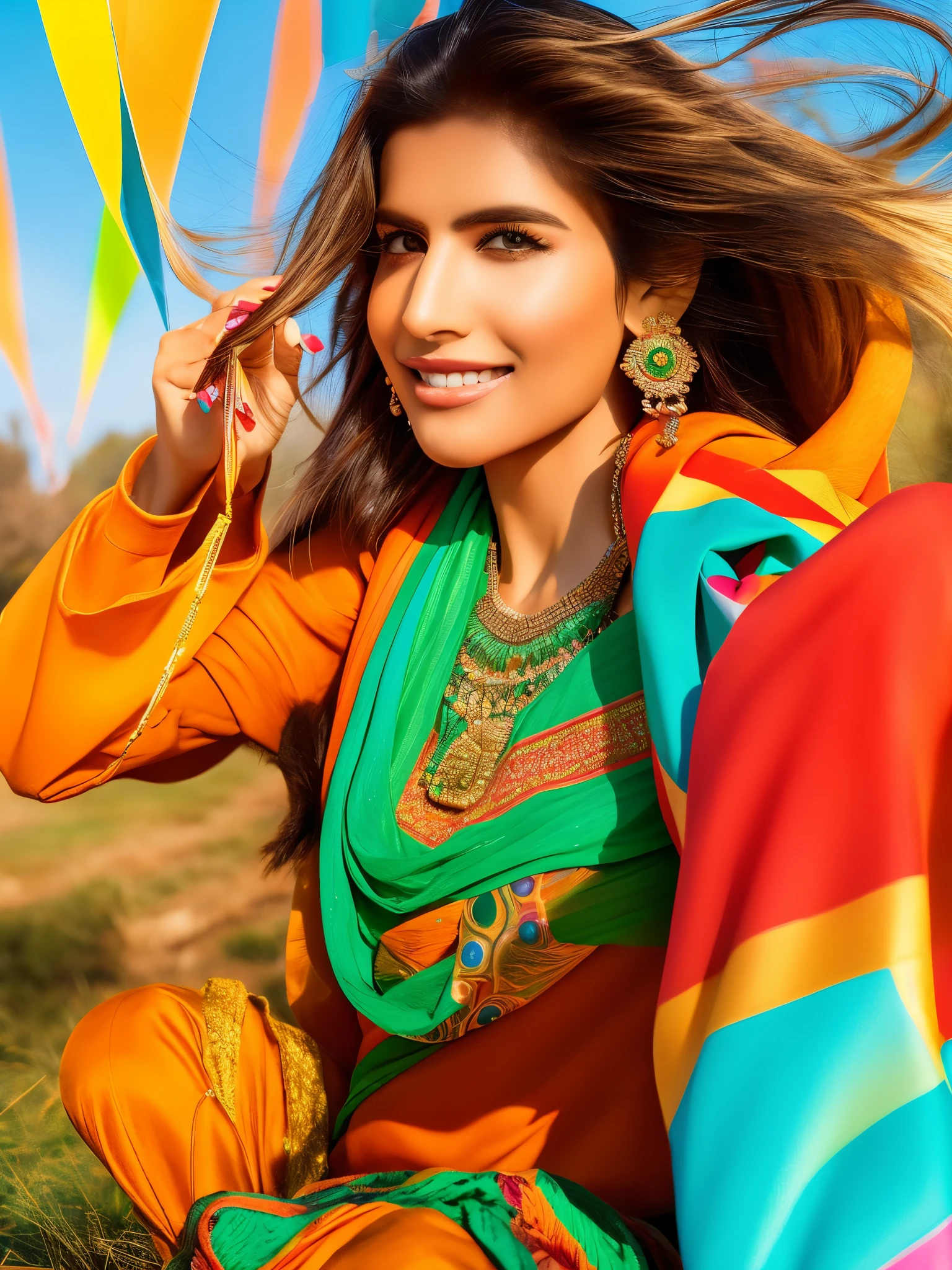Write a prompt to make a template to wish Happy Makar Sakranti, also includes sweets, kites and a beautiful well textured women to promote golden jewelry and background should be made with kites