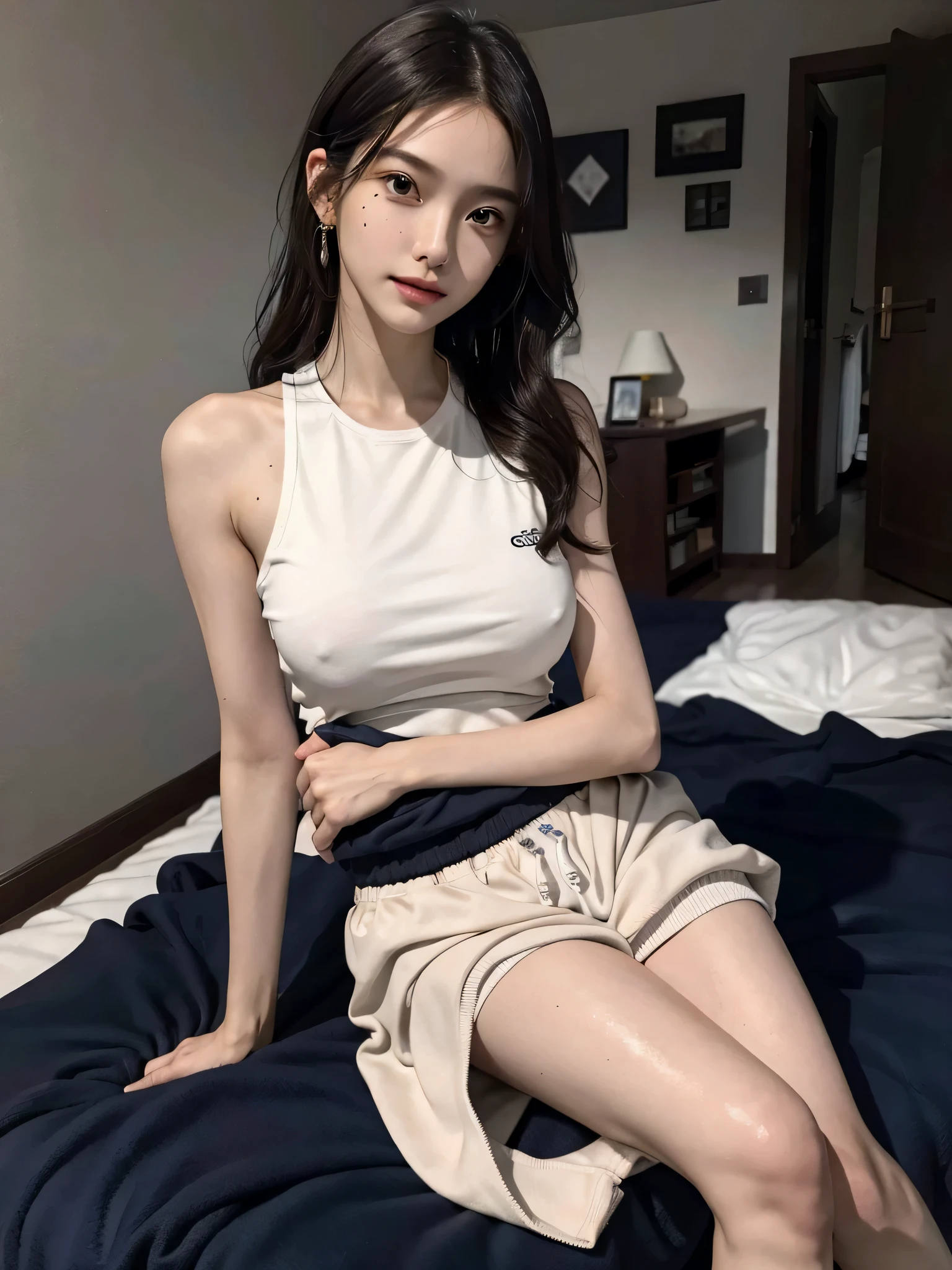 disorganized, RAW photo, very delicate and beautiful, masterpiece, highest quality, ultra high resolution, 16k, surreal, super detailed, perfect anatomy, super dense skin, perfect figure, Highly detailed CG 8k wallpaper, 20's, very slim body, (tight waist:1.2), very small head, very small face, delicate features, tearful mole, mole on chest, earrings, thin legs, (very huge round breasts:1.2), full body shot, short middle hair, wavy hair, (tracksuit:1.2), barefoot, No sleeve,