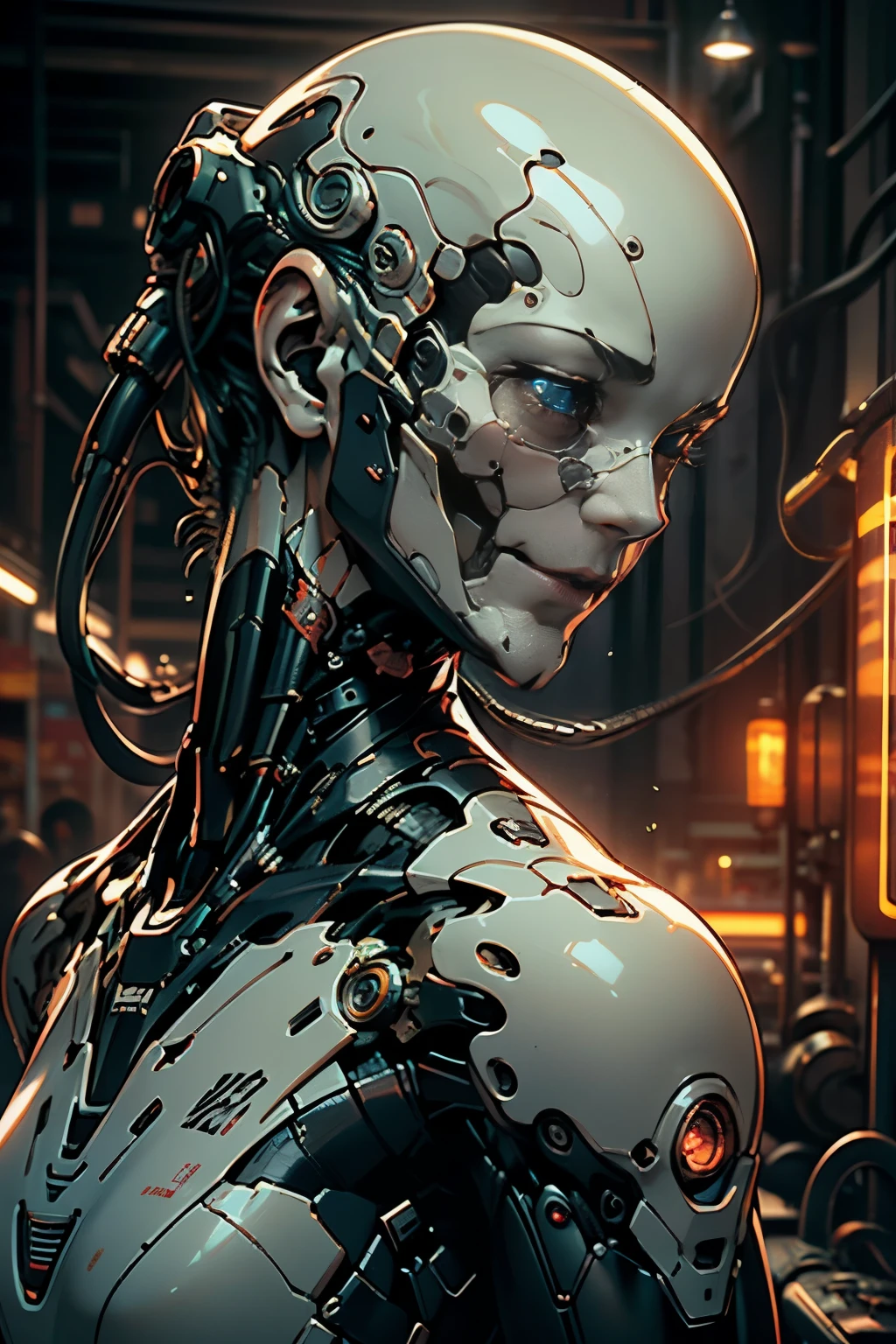 Top quality, Masterpiece, 超高分辨率, ((Photorealistic: 1.4), RAW photo, 1 Cyberpunk android girl, ((Portrait)), Glossy glossy skin, black skull lower half of face, (hyper realistic detailed)), Clear plastic covers mechanical limbs, Tubes attached to mechanical parts, Mechanical vertebrae attached to the spine, mechanical cervical attachment to the neck, wires and cables connecting to head, Evangelion, ((Ghost in the Shell)), Luminous small light, globalillumination, Deep shadows, Octane rendering, 8K, ultrasharp, metal, Intricate Ornament Details, baroque detailed, very complex details, Realistic light, CGSoation trend, Facing the camera, neon light detail, (Android manufacturing plant in the background), art by H.r. Giger and Alphonse Mucha.