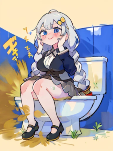 「Kyoto Animation」wind anime illustration、highest quality、（cute：1.1）、（cute：1.5）、（High resolution：1.2）、It&#39;s ridiculously ridiculous：1.3、Very fine illustrations、1 Beautiful Girl、Akari Konusei、1 girl、gray hair、Gray skirt、black high heels、long braids、big breasts、women stink、fart、shyness、blush、Satisfied smile、Gas comes out of the butt、put pressure on your face、lots of gas、Feeling like diarrhea、Sweat、Active、My body trembles、Hip Attack、dynamism、blue eyes、inside the toilet、Sit on the toilet seat、Confined spaces、woman has stomach pain、Do feces、Loud Sound、Naked underneath、