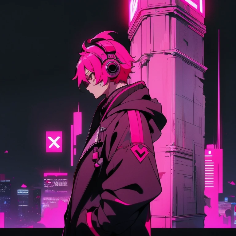(shortcut), (two block hair), (bright pink hair), (male character), (red eyes), (cool pose), (top quality), (masterpiece), (Super detailed), (oversized hoodie), (Street style), (neon), (modern city), (neonデイライト), (cinematic), (stylish), (High resolution), (hyper-detailed), (soft town), (Nightcore), (a handsome guy), (Man wearing headphones and listening to music), (natural appearance of the building), (casual), (IG studio anime style), (standing pose), (Shooting from a low angle), (looking at the camera), (Have a gift)