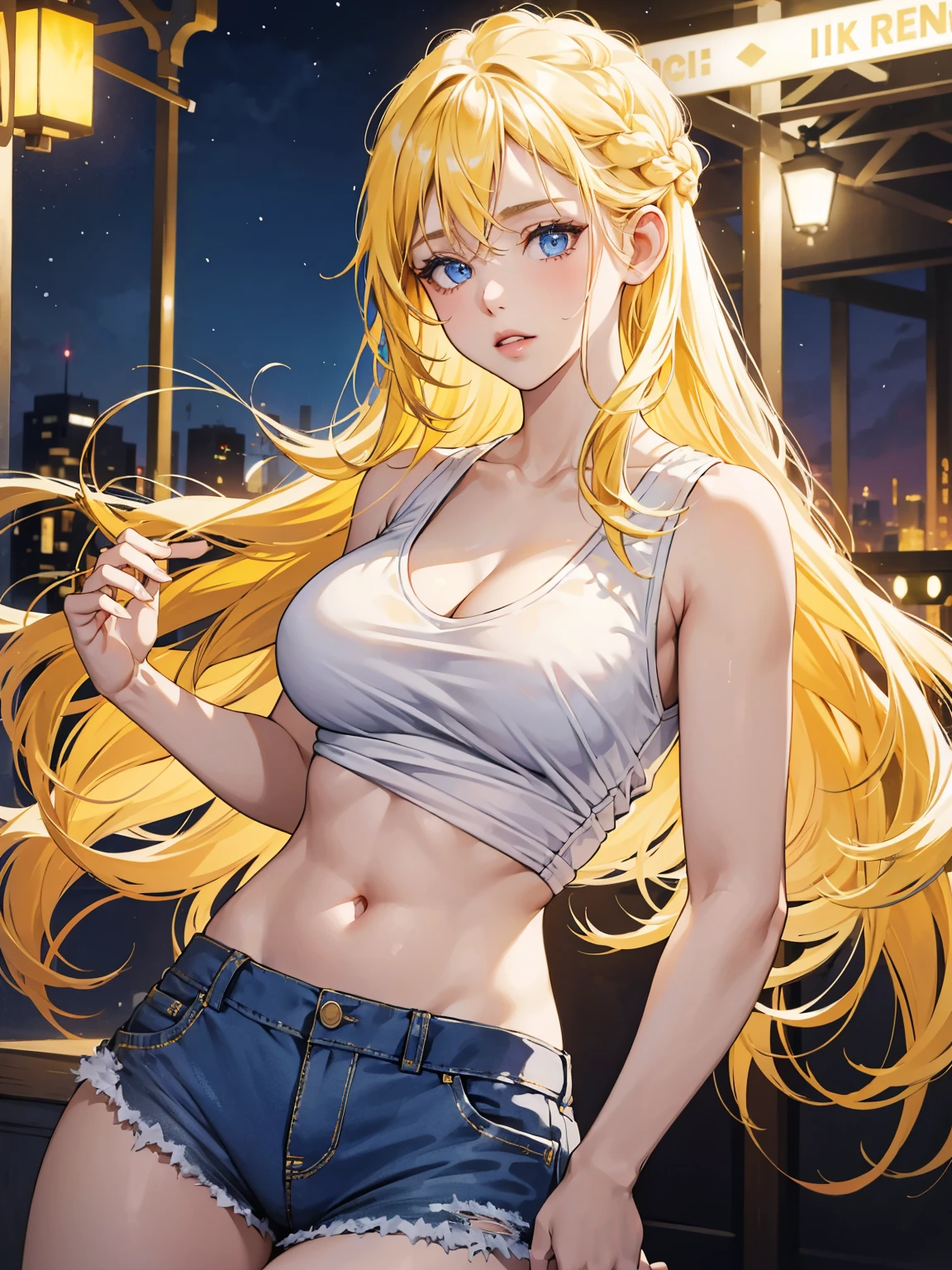 1 girl, blue eyes, yellow hair, long hair, blonde hair, french braid, parted lips, wearing white tank top, big breasts, cleavage, open belly, blue shorts, glowing skin, masterpiece, top quality, night club background, she is seductive and horny, sleeveless