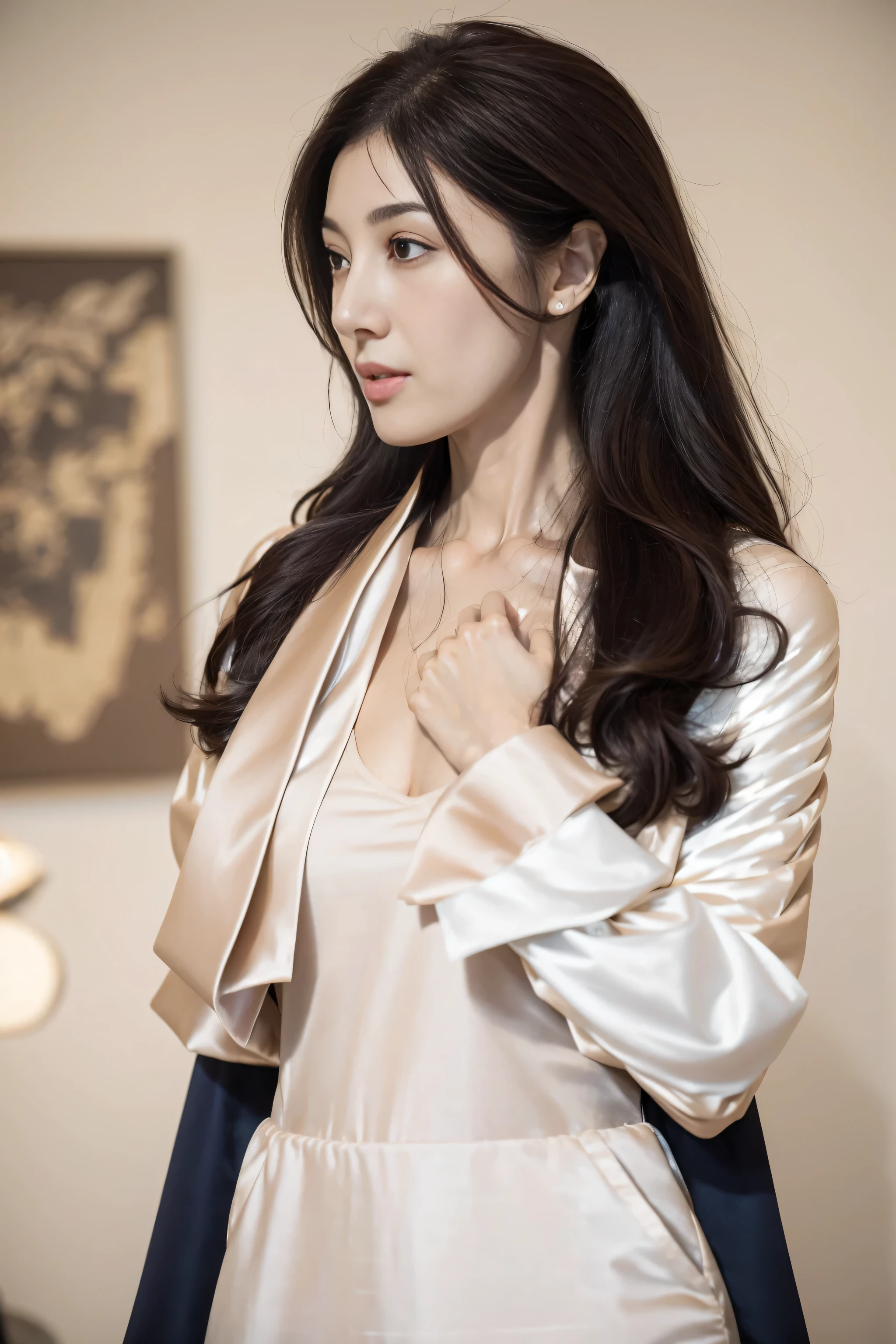 nice images, clear focus, perfect brown eyes, Long hair with a shawl, Home, Look head-on, full pose, wonderful faces.., look beautiful.., white underwear, extra focus, Radiant face, Detailed face, 8K resolution,