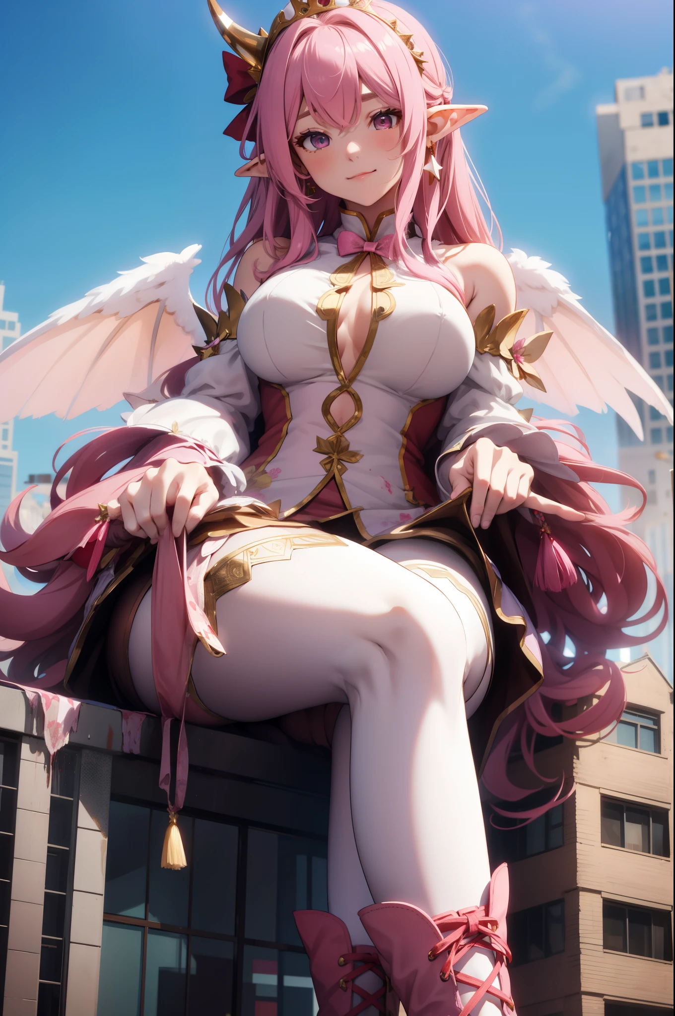 giant girl 50,000 feet high,Weight 1000kg,Has a pair of huge pink angel wings,With huge devil horns on his head,crown on head,Elf wearing pink earrings,She has long pink hair that reaches her feet,loose hair,Pink wavy long curly hair,Wearing a pair of pink boots,Pink lace gloves,Pink lace pantyhose,Pantyhose with bow and star decorations,粉色蕾丝whole body,Standing upright on a small city,Beautiful appearance,Exquisite makeup,quality,8k,高quality,Perfect proportion, Cinema lighting,film grain,Fuji colors,8k,textured skin,Super details,high detail,high resolution,fake smile,blood stains,脚底有blood stains,whole body,Obese,elf princess,feather,flowers,Sitting elegantly on a tall building。