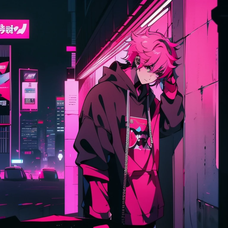(shortcut), (two block hair), (bright pink hair), (male character), (red eyes), (cool pose), (top quality), (masterpiece), (Super detailed), (oversized hoodie), (Street style), (neon), (modern city), (neonデイライト), (cinematic), (stylish), (High resolution), (hyper-detailed), (soft town), (Nightcore), (a handsome guy), (Man wearing headphones and listening to music), (natural appearance of the building), (casual), (IG studio anime style), (standing pose), (Shooting from a low angle), (looking at the camera), (Leaning against the wall)