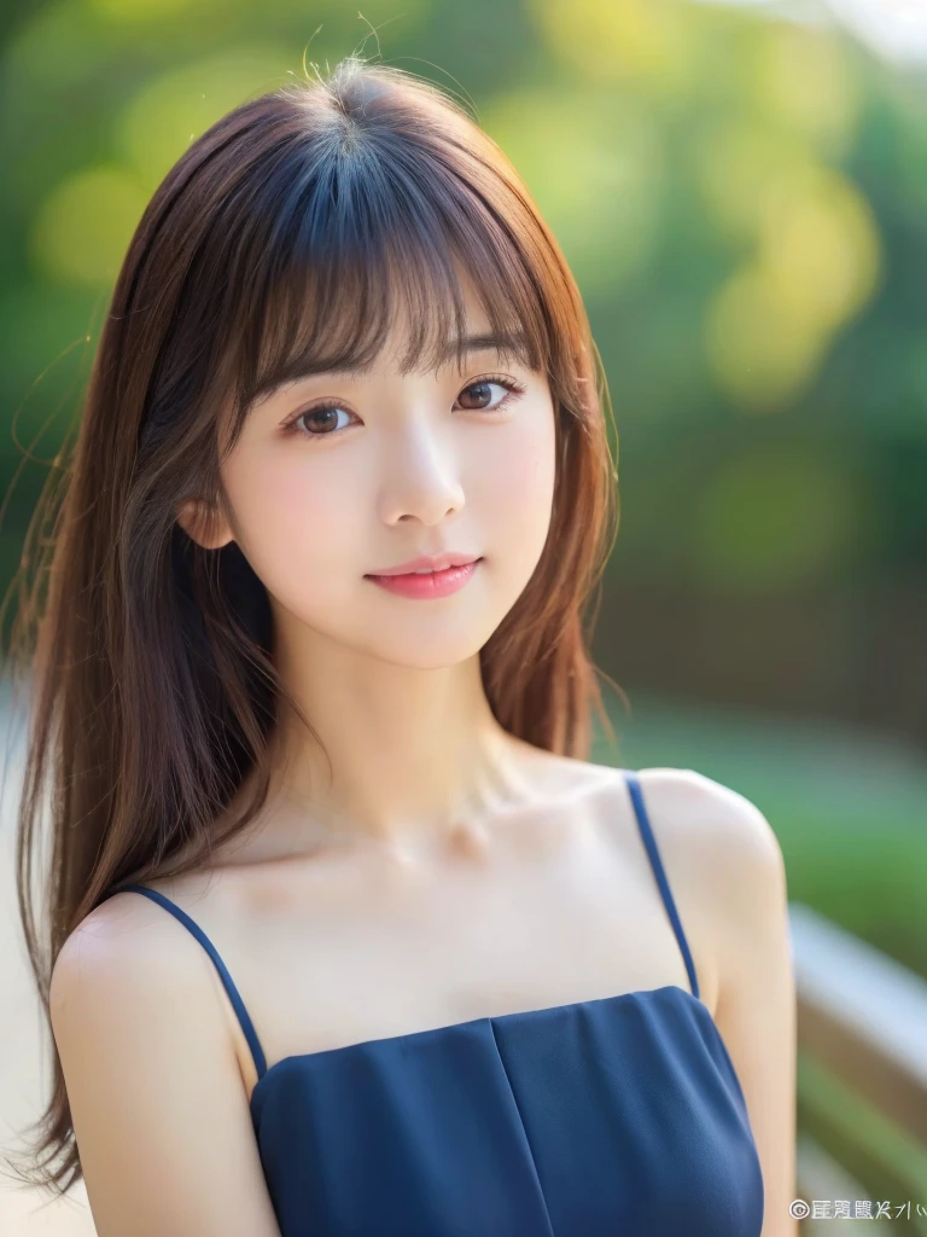 ((cute日本の女の子、beautiful japanese girl、1 girl、clear、19 years old、ponytail、Highly detailed face and skin texture、refinement、super detailed face、highly detailed eyes、Lee Hong、blush、cheek、ピンクのcheekを塗ったcheek、close-up of woman、 from the neck up、 Close to the camera、 positive face、Forward-facing body、look at the camera、front、cute、smooth white skin、Transparent skin texture、))、(dark brown hair、bangs)、beautiful woman with perfect style：1.4、japanese model、young gravure idol、若いcuteグラビアアイドル、Realistic young gravure idol、refinementされたグラビアアイドル、((highest quality、8K、masterpiece:1.3、１photograph))、(4K、RAWphotograph、highest quality)、(realistic、フォトrealistic:1.37)、Place someone on the other side of the screen、Natural light、professional lighting、F cup、big breasts、big breasts、Beautiful and well-shaped breasts、