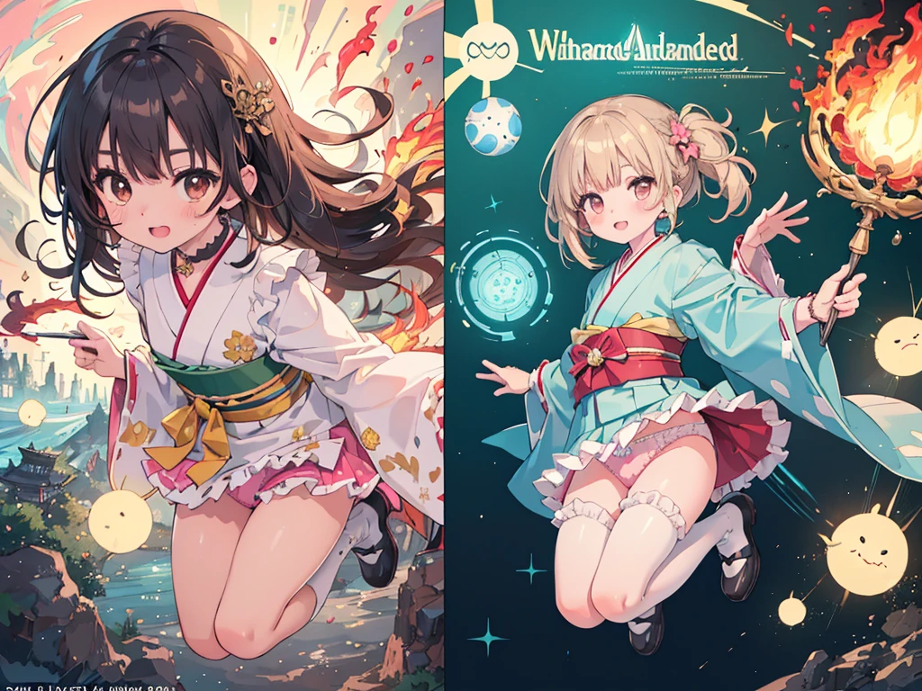 photo realistic, (masterpiece,best quality:1.4),(8k,raw photo,photo realistic:1.2),Not Safe for Work, detailed skin,detailed face,1girl,Japanese princess,cute face, super resolution,retro realistic details llustration,,{{{elaborate,intricately,fantastic,delicately,tremendous,meticulous,minute,incredibly,obsessed,artisan's,subtle,virtuoso,skillful,vibrant, vivid, complex}}}, clearly focus edge, fresh natural gradation, best quality, amazing quality, very aesthetic, absurdres, pubisure,
(RED frilled japanese clothes), ((RED frilled hakama short skirt)), frilled, (((Pink panties))), White frilled legwear, ankle boots, frilled choker, amulet, wrist cuffs, sash, frilled reg garter, cape, (((Holding a cute magic wand))), heart ring, ((long hair)), light brown hair, braid, brown eyes, straight hair, little girl, 14 years old, petite, cute, happy, diadems, (((jumping with both feet))), shimmering eyes, a smile, red blush, masterpiece, top-quality, not safe for work, Little Girl, child, baby face ,twinkle in the eye, flat chest,
yumekawa,yumekawaii,pastel color,(wonderland:1.3), rainbow, imagination, (((flame whirlpool))), heart background, beam of light, glittering ball of light,((Design sheet:1.3), (multi-angle and detailed view:1.3),